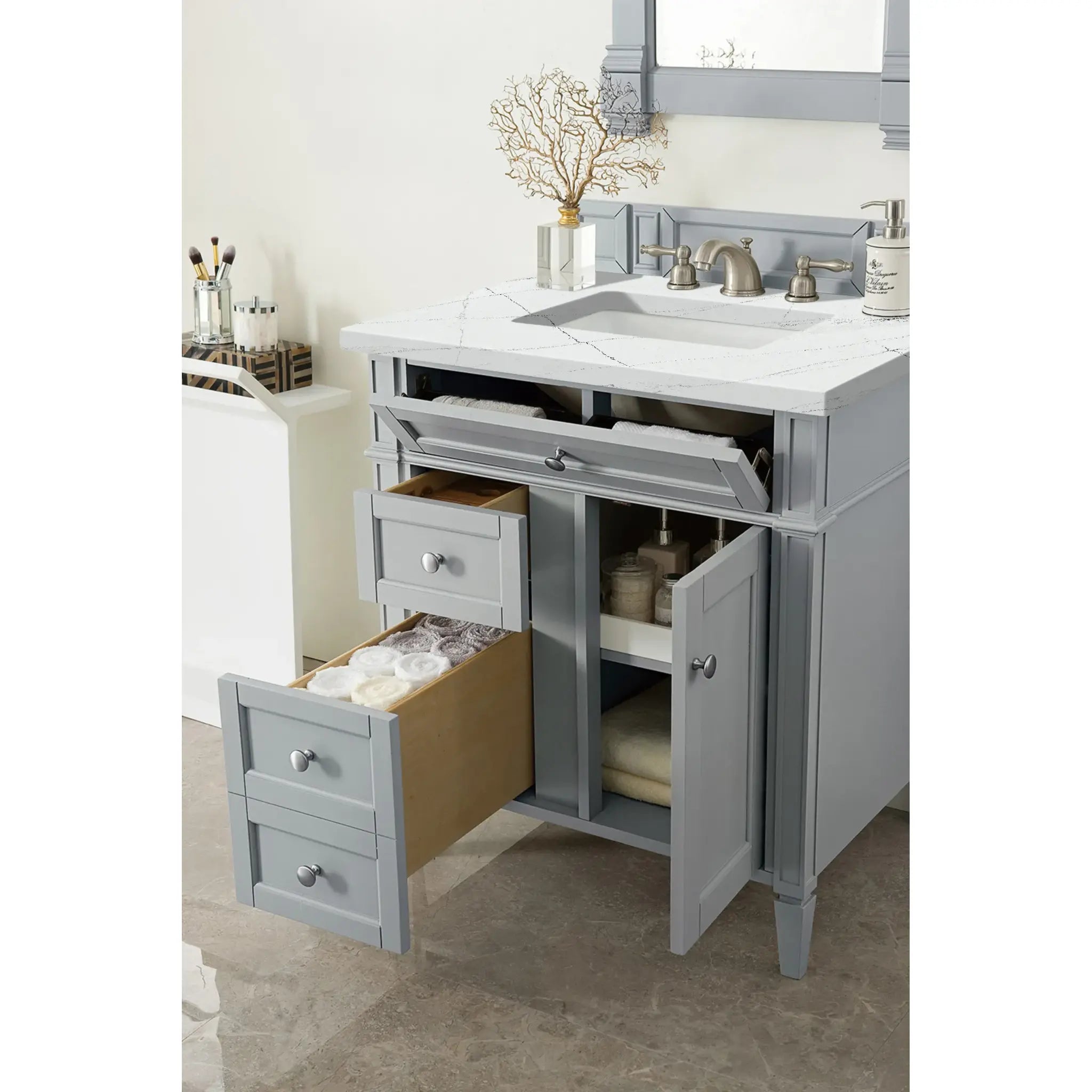 30" Brittany Single Vanity in Urban Gray-Ethereal Noctis Silestone-8" Widespread image 3