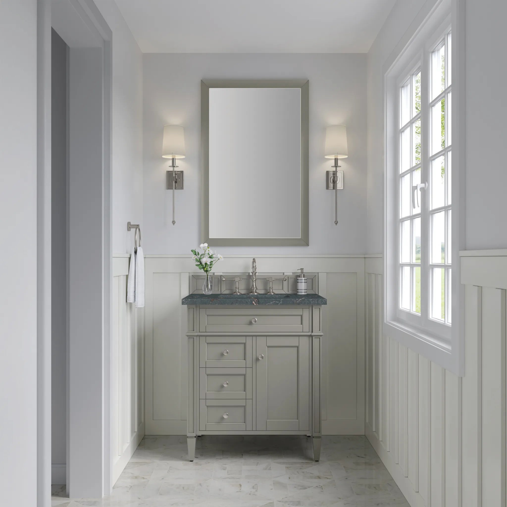 30" Brittany Single Vanity in Urban Gray-Parisien Bleu Silestone-8" Widespread image 1