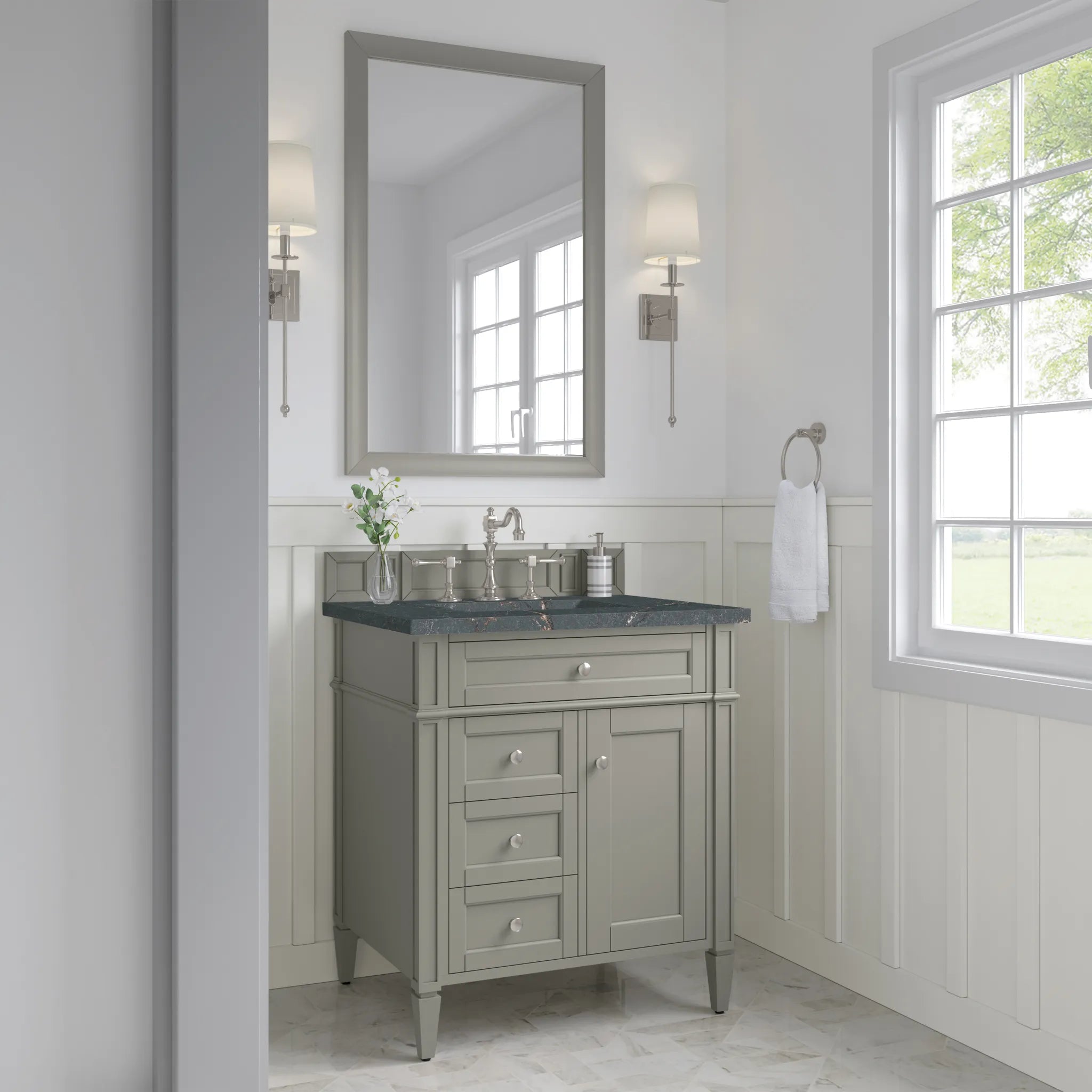 30" Brittany Single Vanity in Urban Gray-Parisien Bleu Silestone-8" Widespread image 2