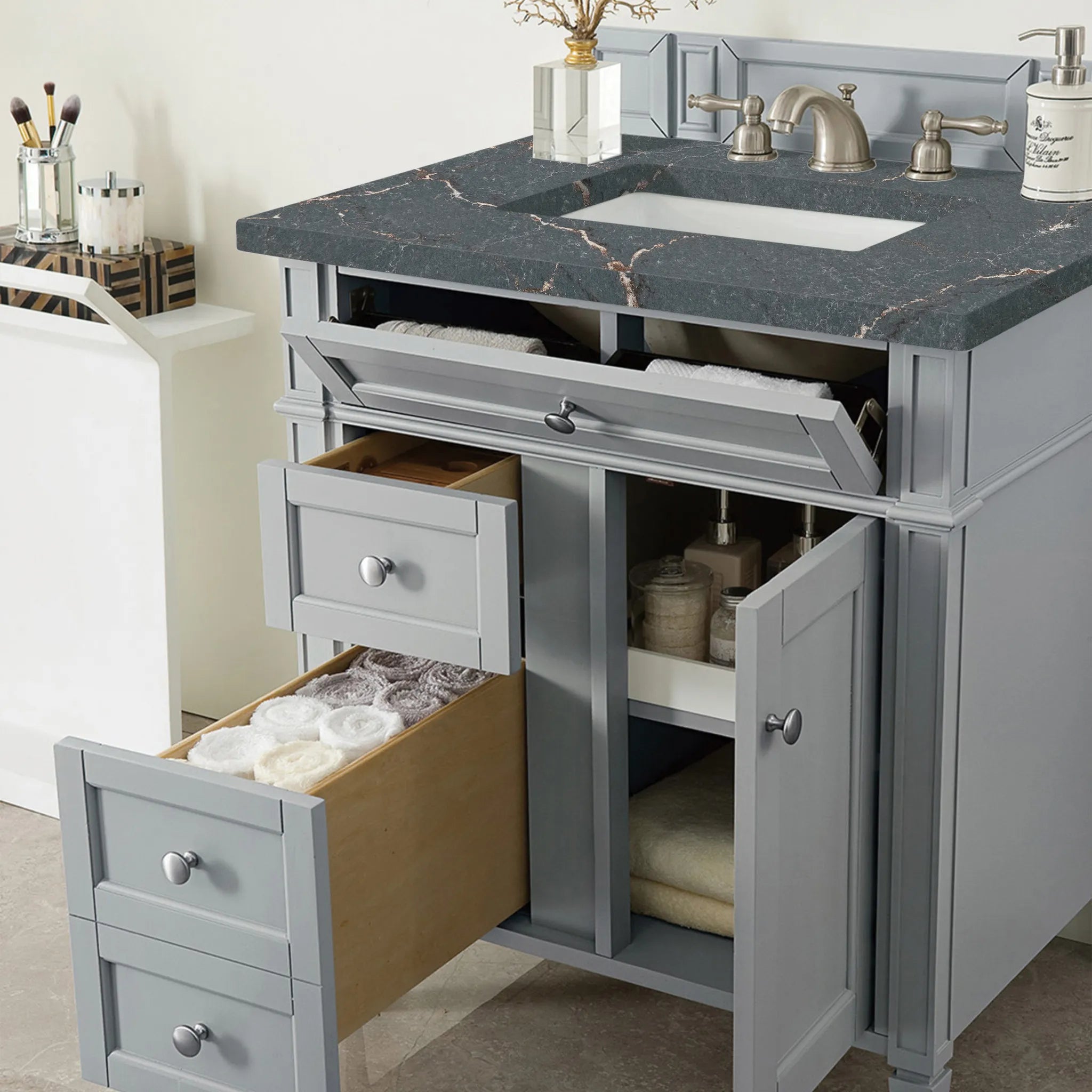 30" Brittany Single Vanity in Urban Gray-Parisien Bleu Silestone-8" Widespread image 3