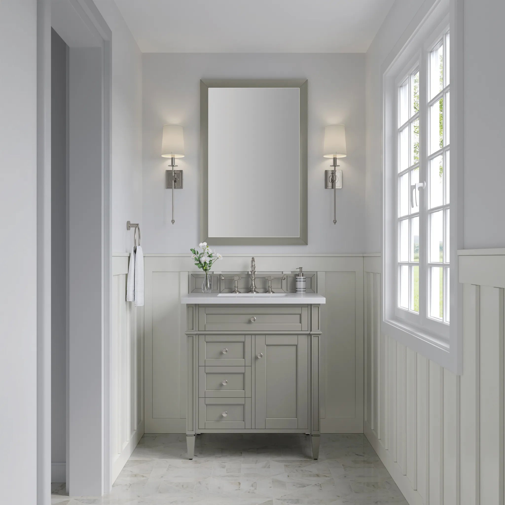 30" Brittany Single Vanity in Urban Gray-White Zeus Silestone-8" Widespread image 1