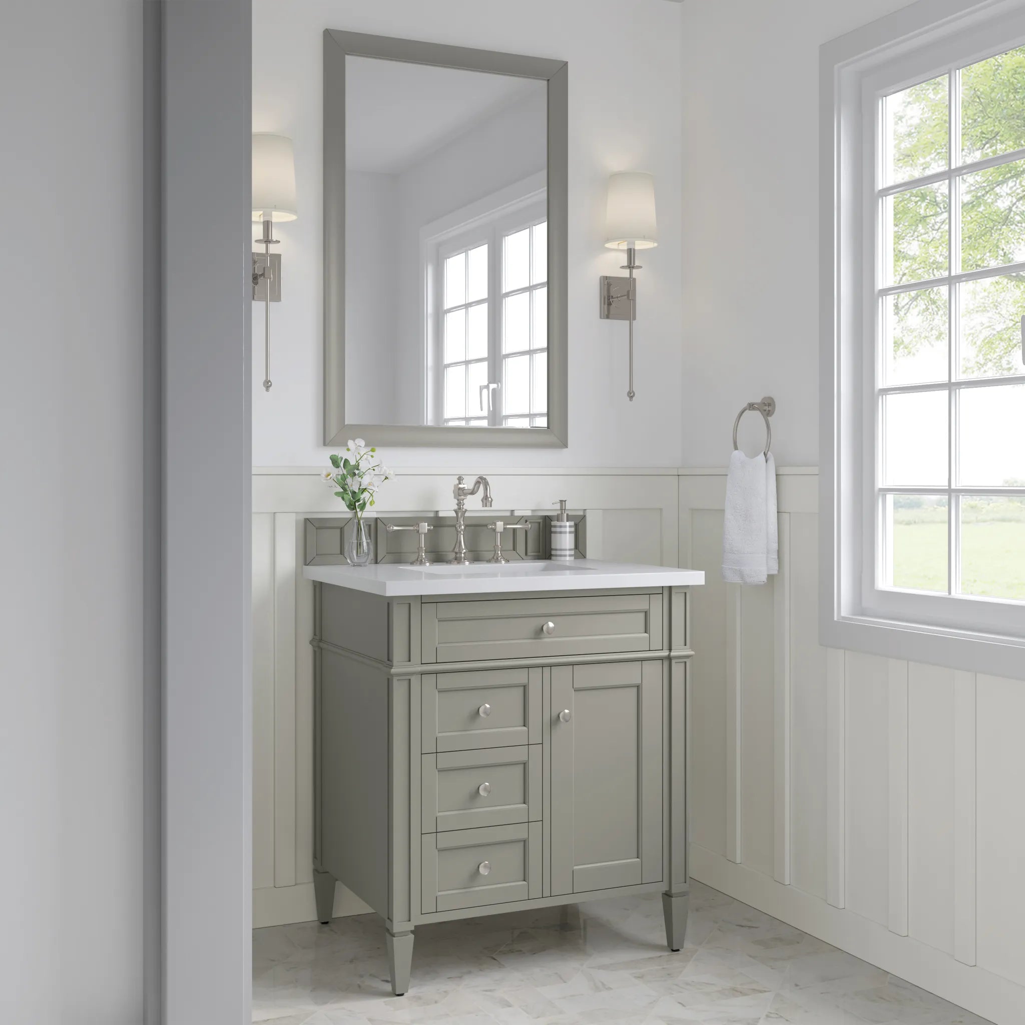 30" Brittany Single Vanity in Urban Gray-White Zeus Silestone-8" Widespread image 2