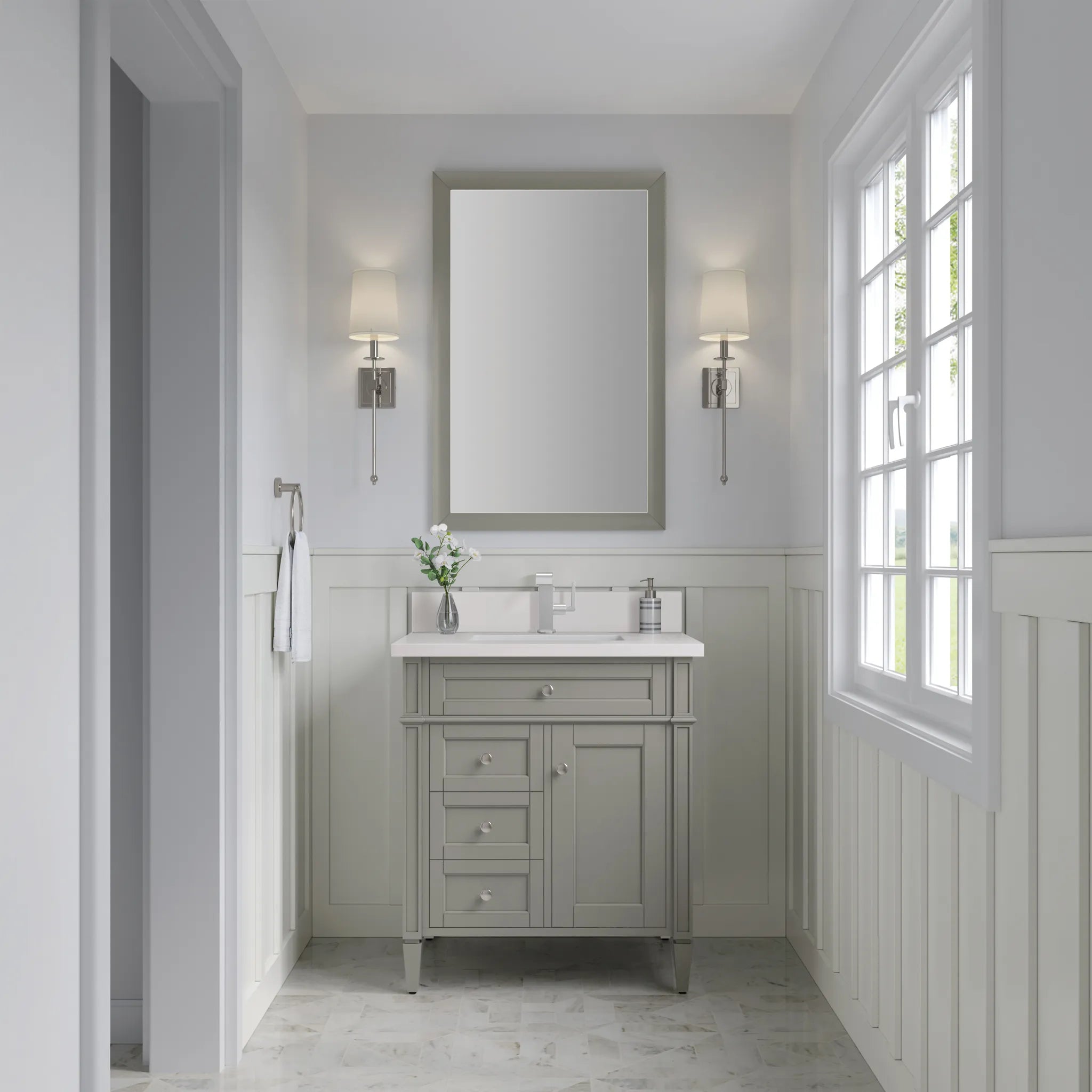 30" Brittany Single Vanity in Urban Gray-White Zeus Silestone & Backsplash-Single Hole image 1