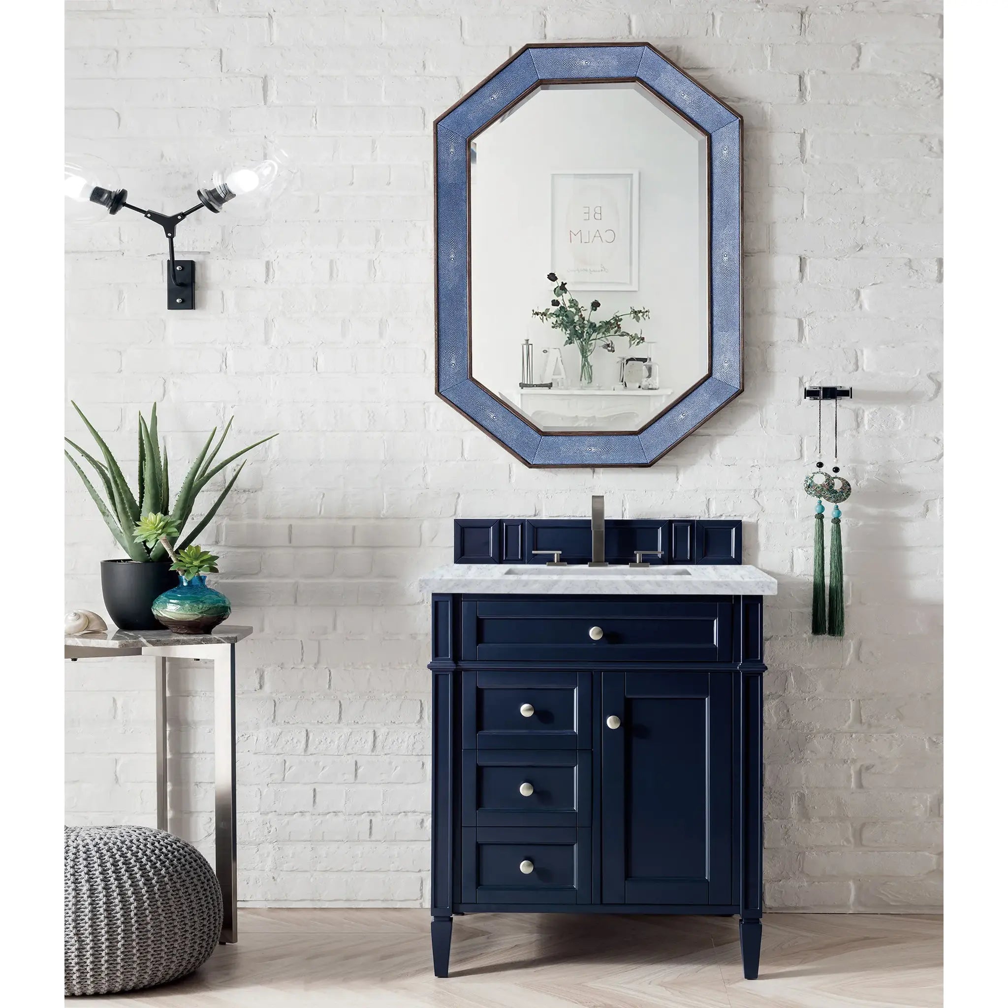 30" Brittany Single Vanity in Victory Blue-Carrara White Marble-8" Widespread image 1