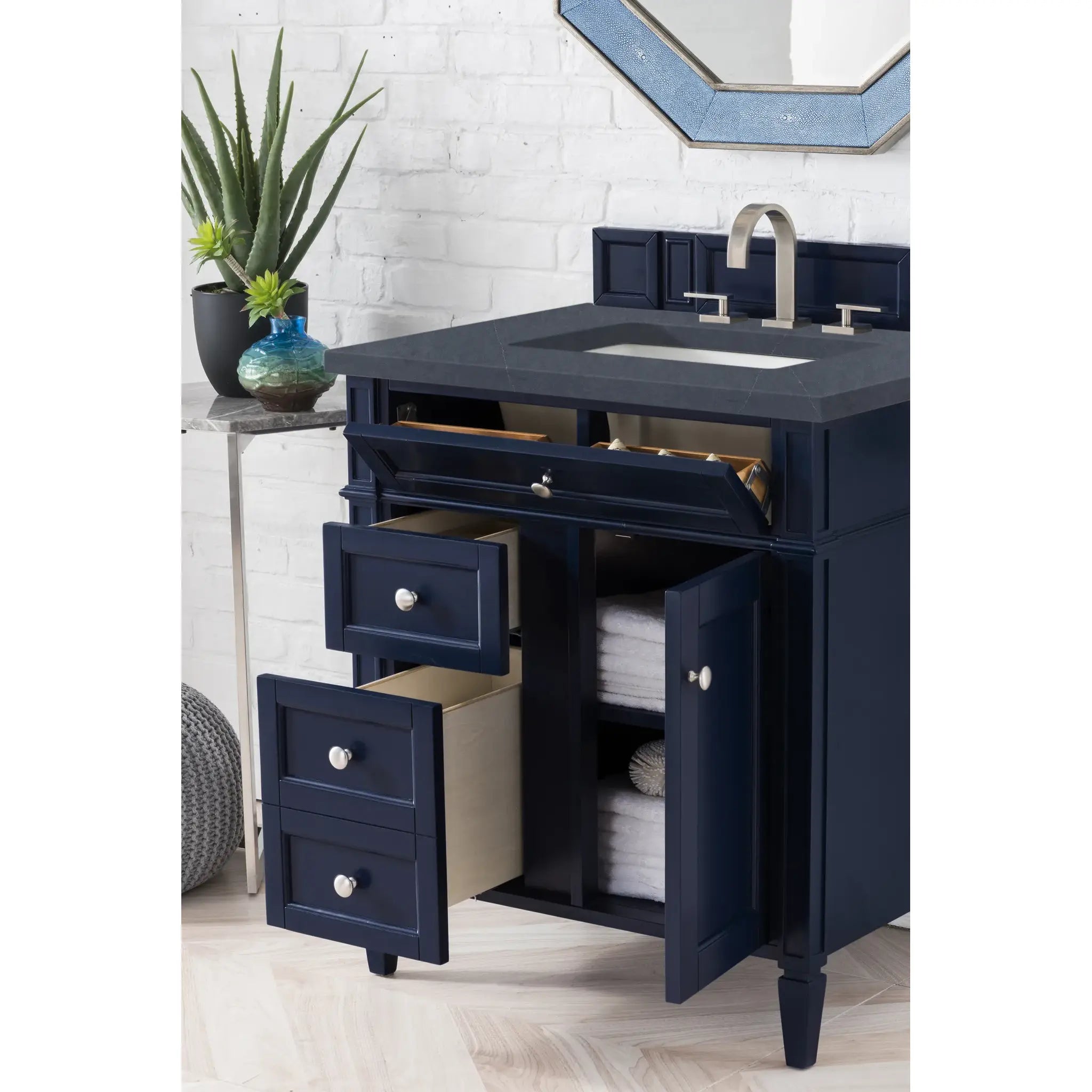 30" Brittany Single Vanity in Victory Blue-Charcoal Soapstone Silestone-8" Widespread image 3