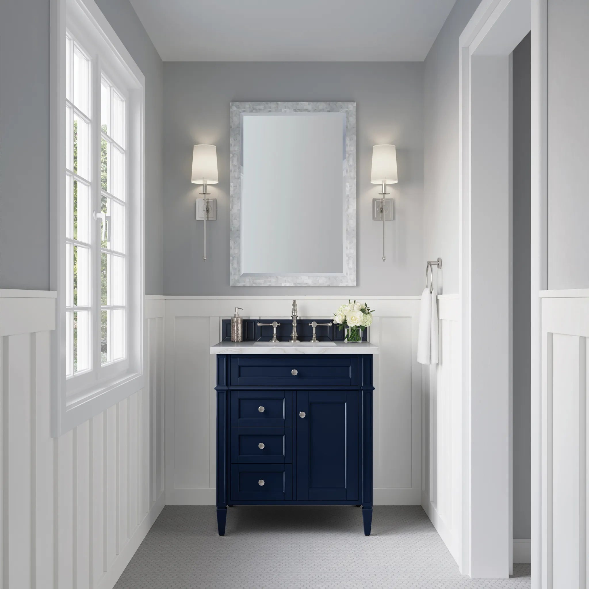 30" Brittany Single Vanity in Victory Blue-Victorian Silver Silestone-8" Widespread image 1