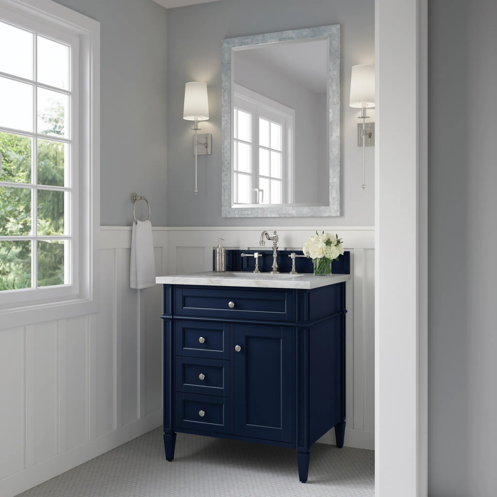30" Brittany Single Vanity in Victory Blue-Victorian Silver Silestone-8" Widespread image 2
