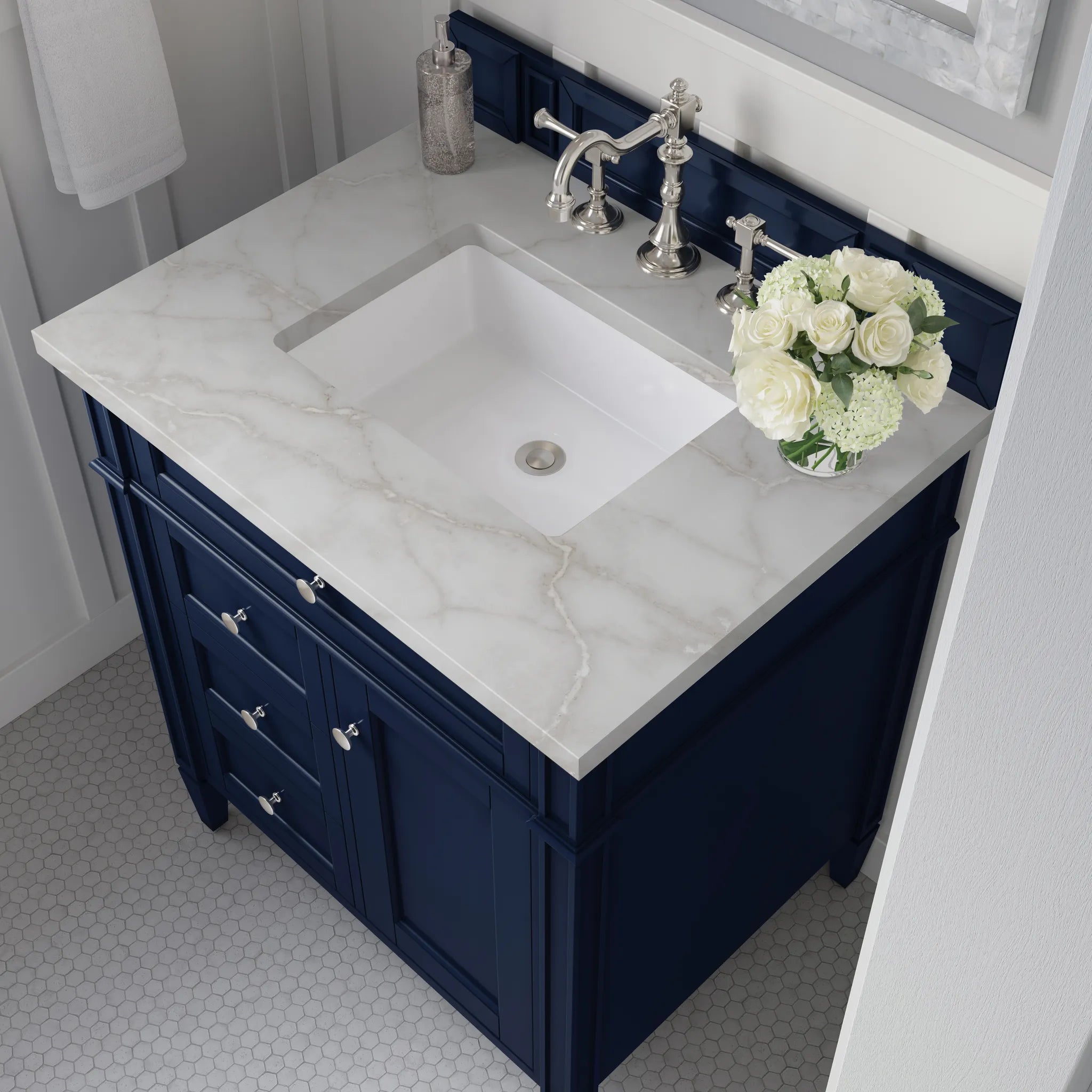 30" Brittany Single Vanity in Victory Blue-Victorian Silver Silestone-8" Widespread image 4