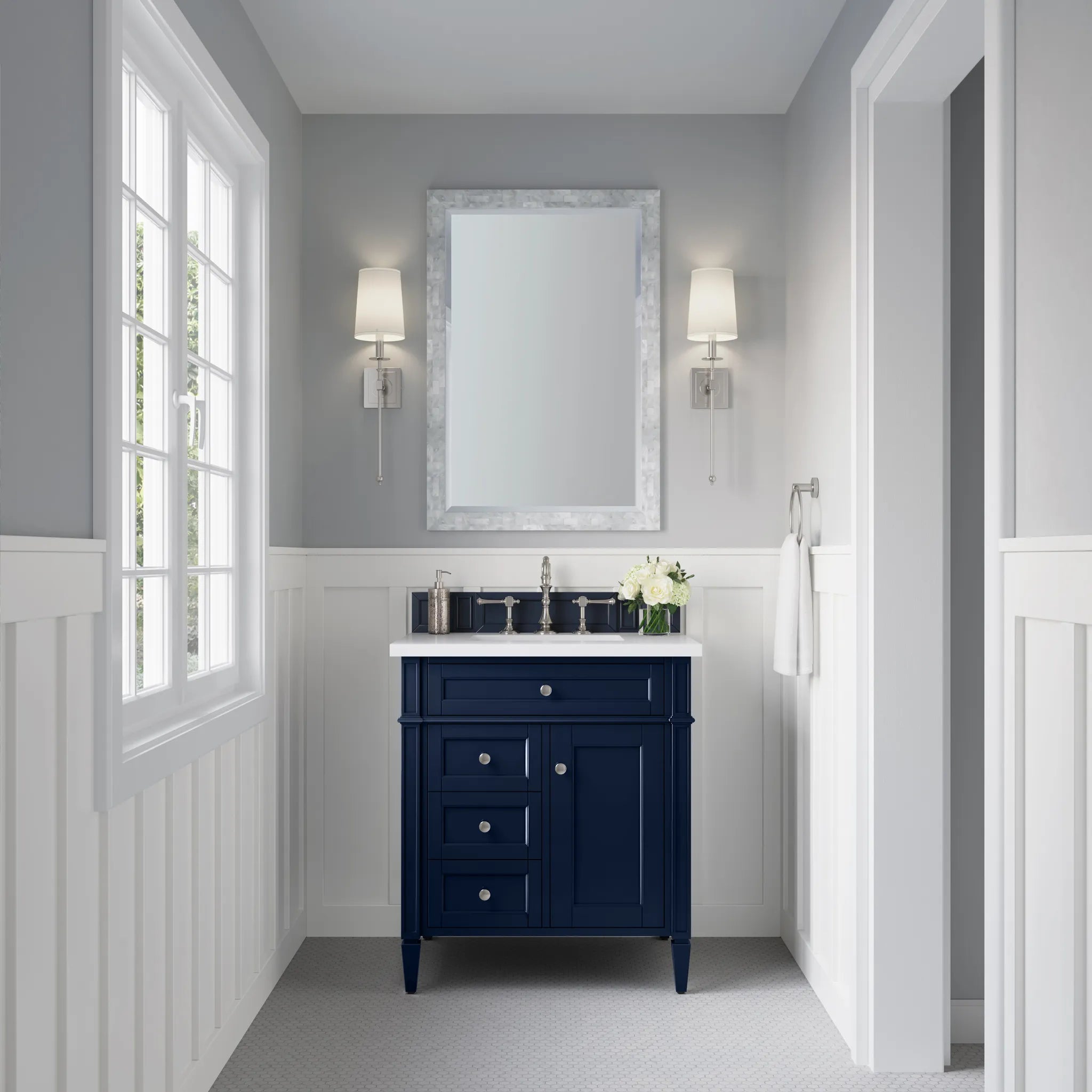 30" Brittany Single Vanity in Victory Blue-White Zeus Silestone-8" Widespread image