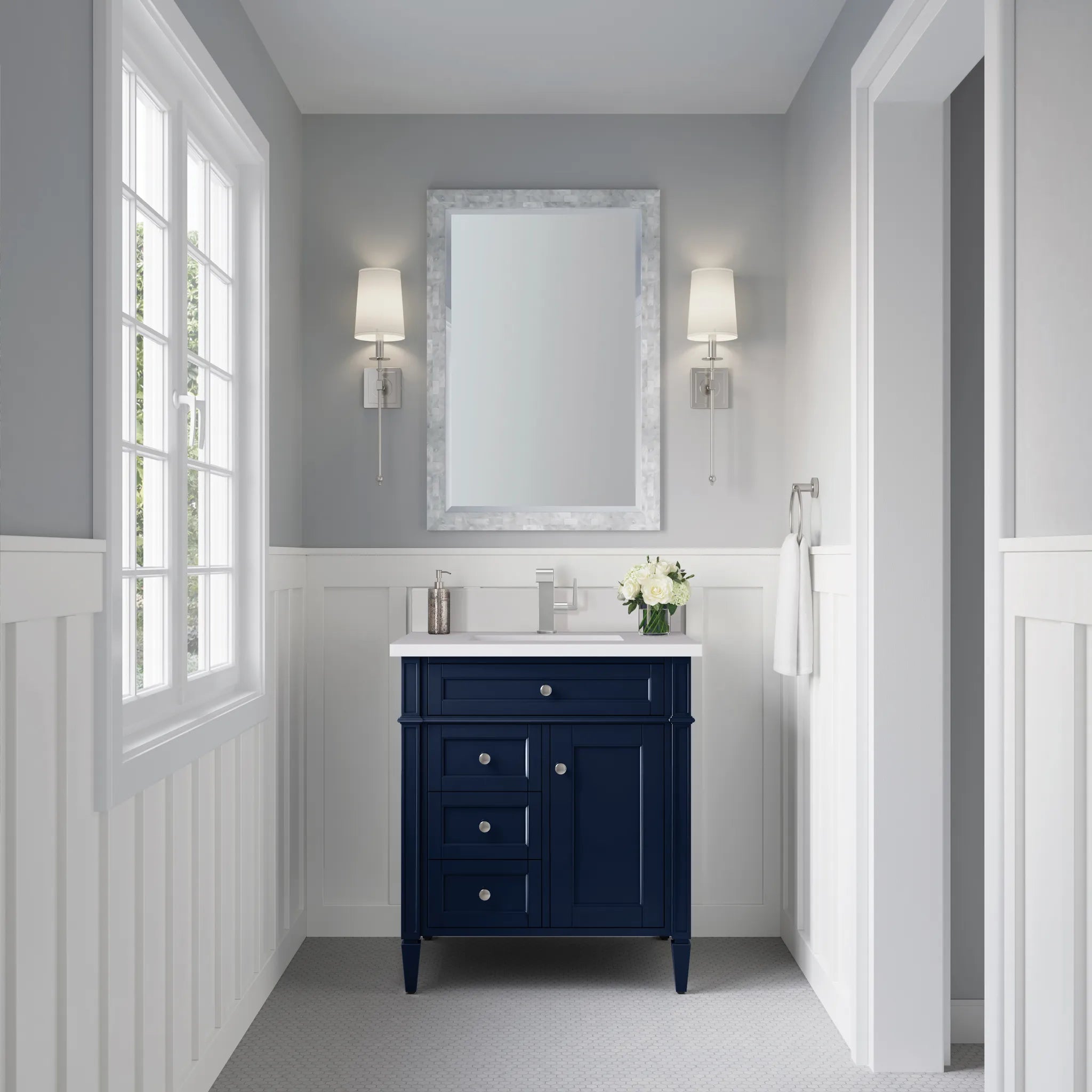 30" Brittany Single Vanity in Victory Blue-White Zeus Silestone & Backsplash-Single Hole image 1
