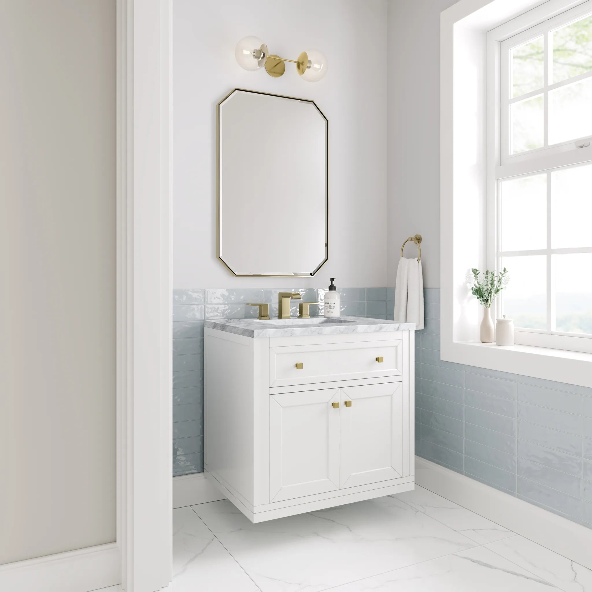 30" Chicago Single Vanity in Glossy White-Carrara White Marble-8" Widespread image 4