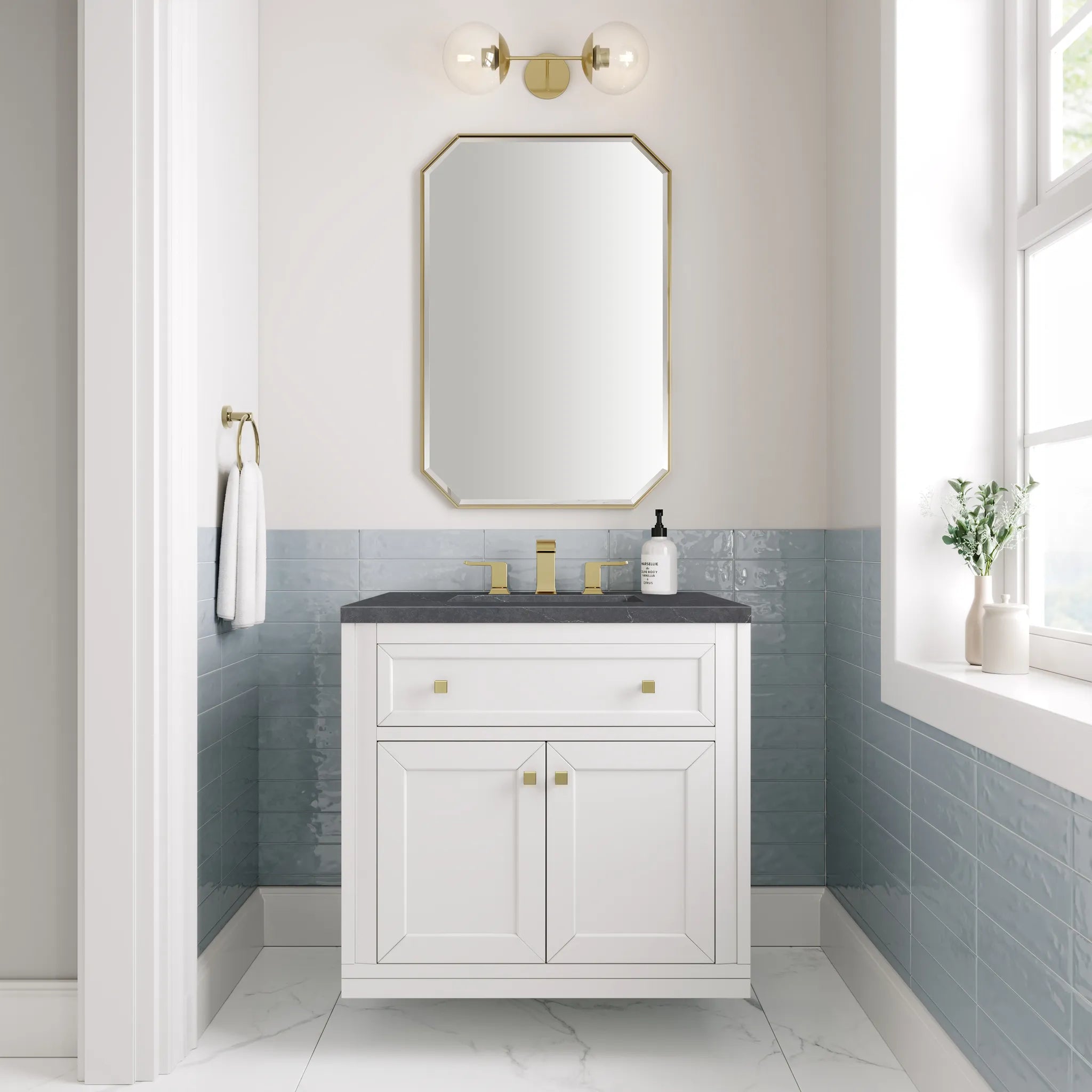 30" Chicago Single Vanity in Glossy White-Charcoal Soapstone Silestone-8" Widespread image 3