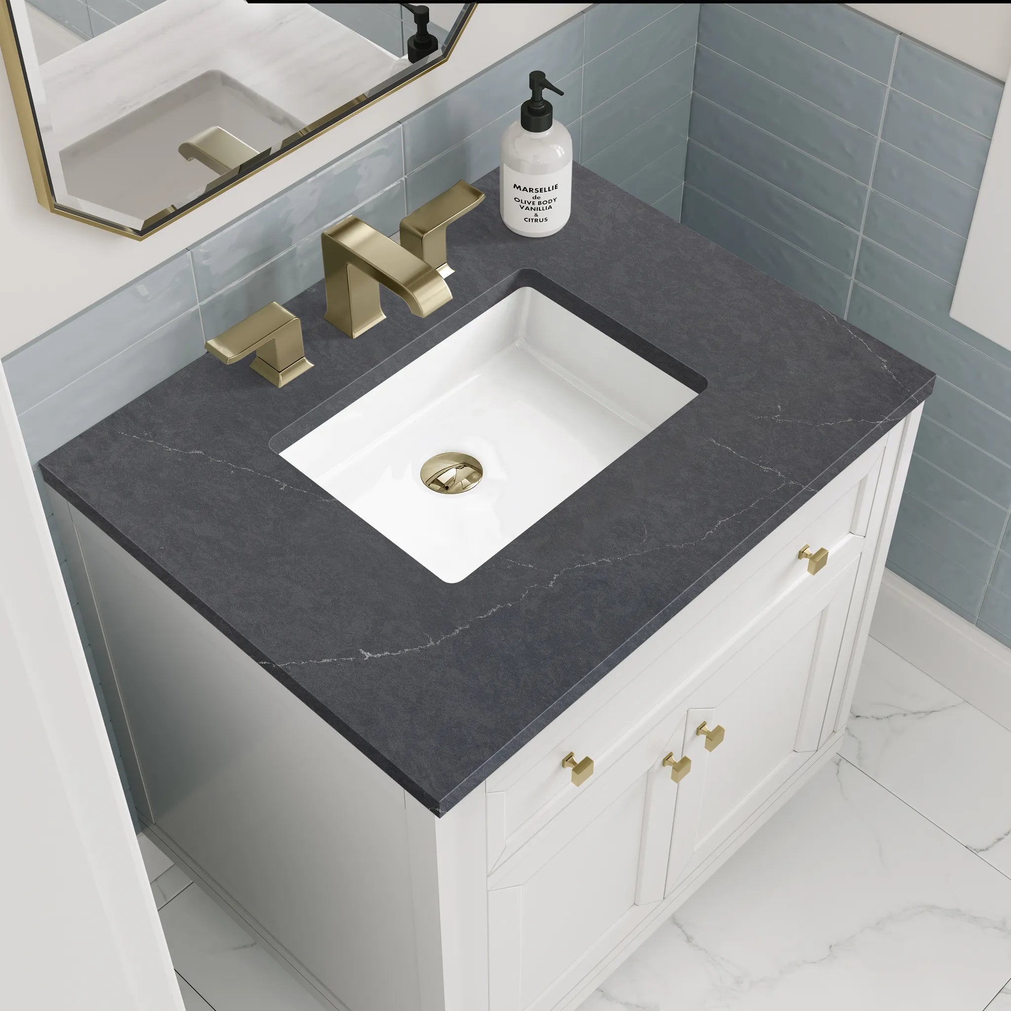 30" Chicago Single Vanity in Glossy White-Charcoal Soapstone Silestone-8" Widespread image 7
