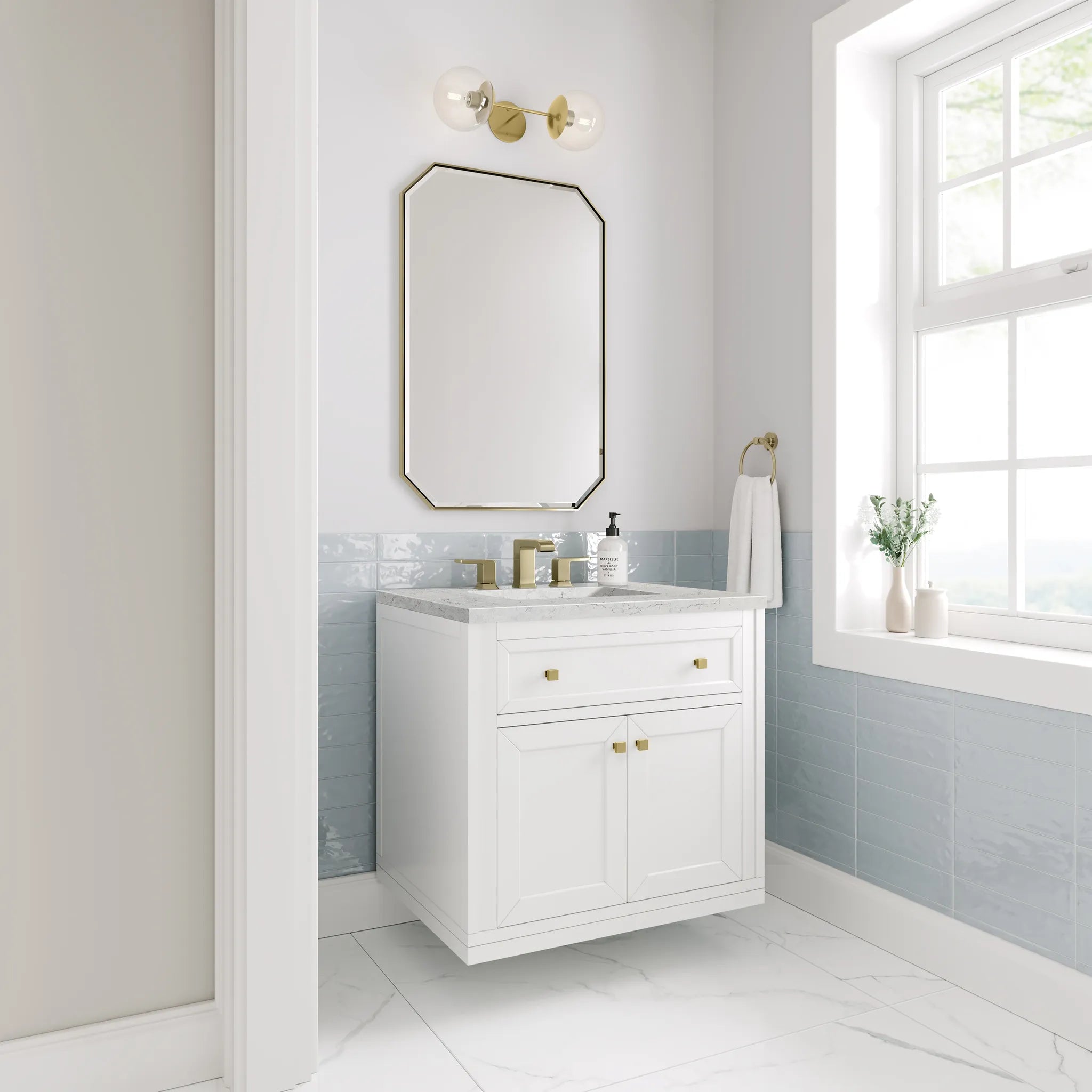 30" Chicago Single Vanity in Glossy White-Eternal Jasmine Pearl Silestone-8" Widespread image 4