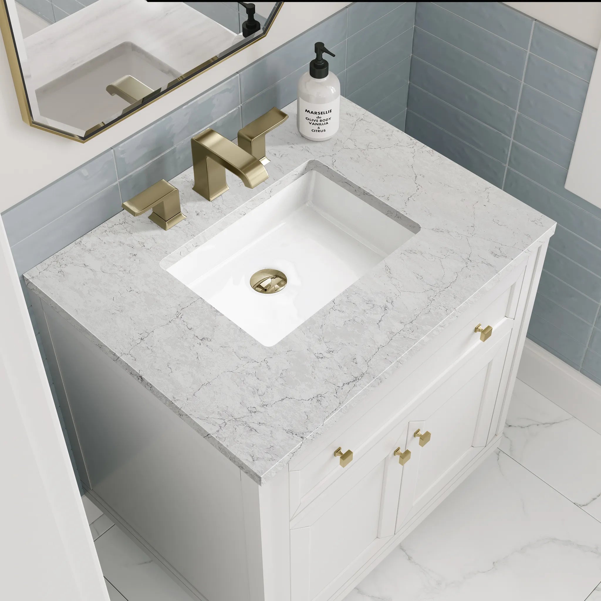 30" Chicago Single Vanity in Glossy White-Eternal Jasmine Pearl Silestone-8" Widespread image 7
