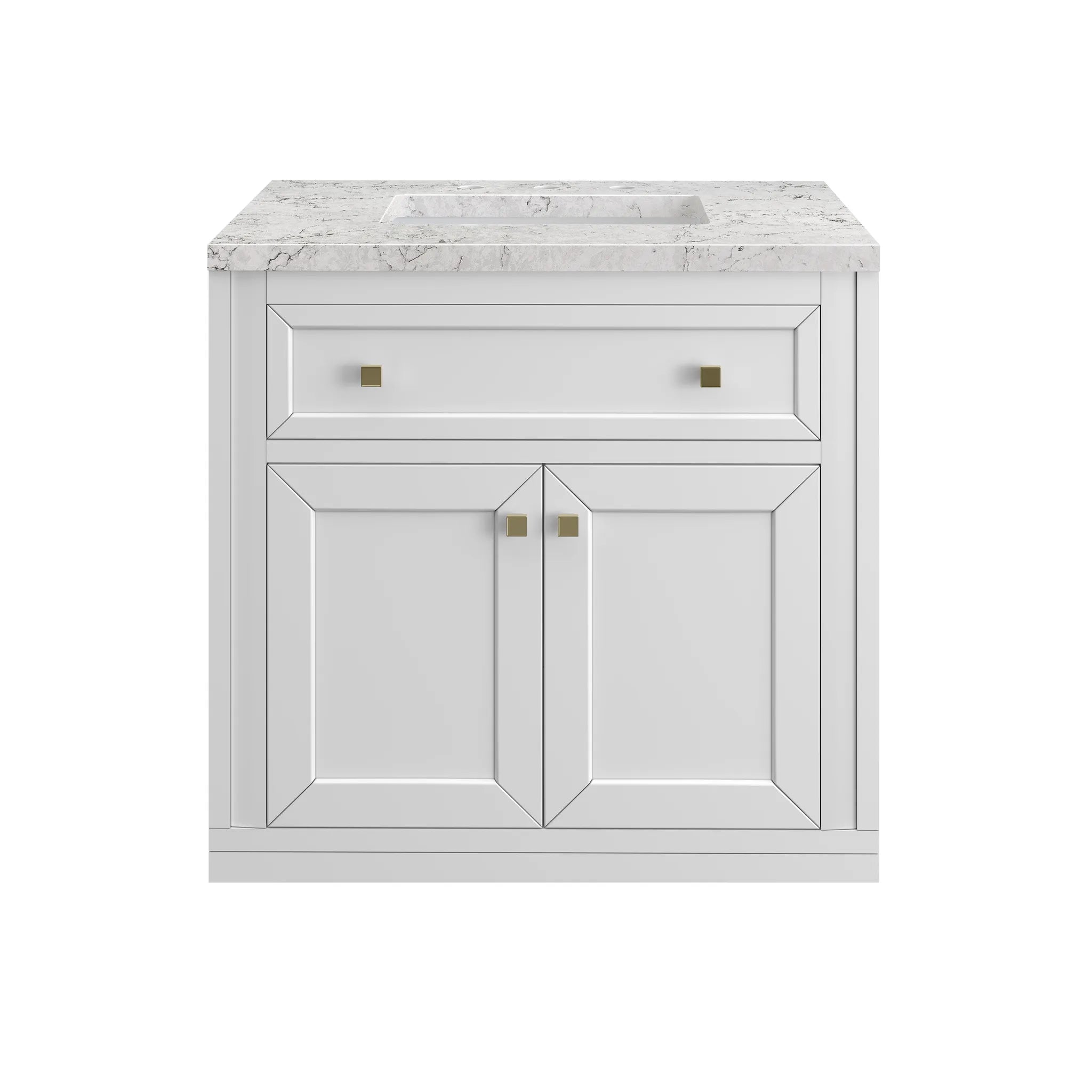 30" Chicago Single Vanity in Glossy White-Eternal Jasmine Pearl Silestone-8" Widespread image