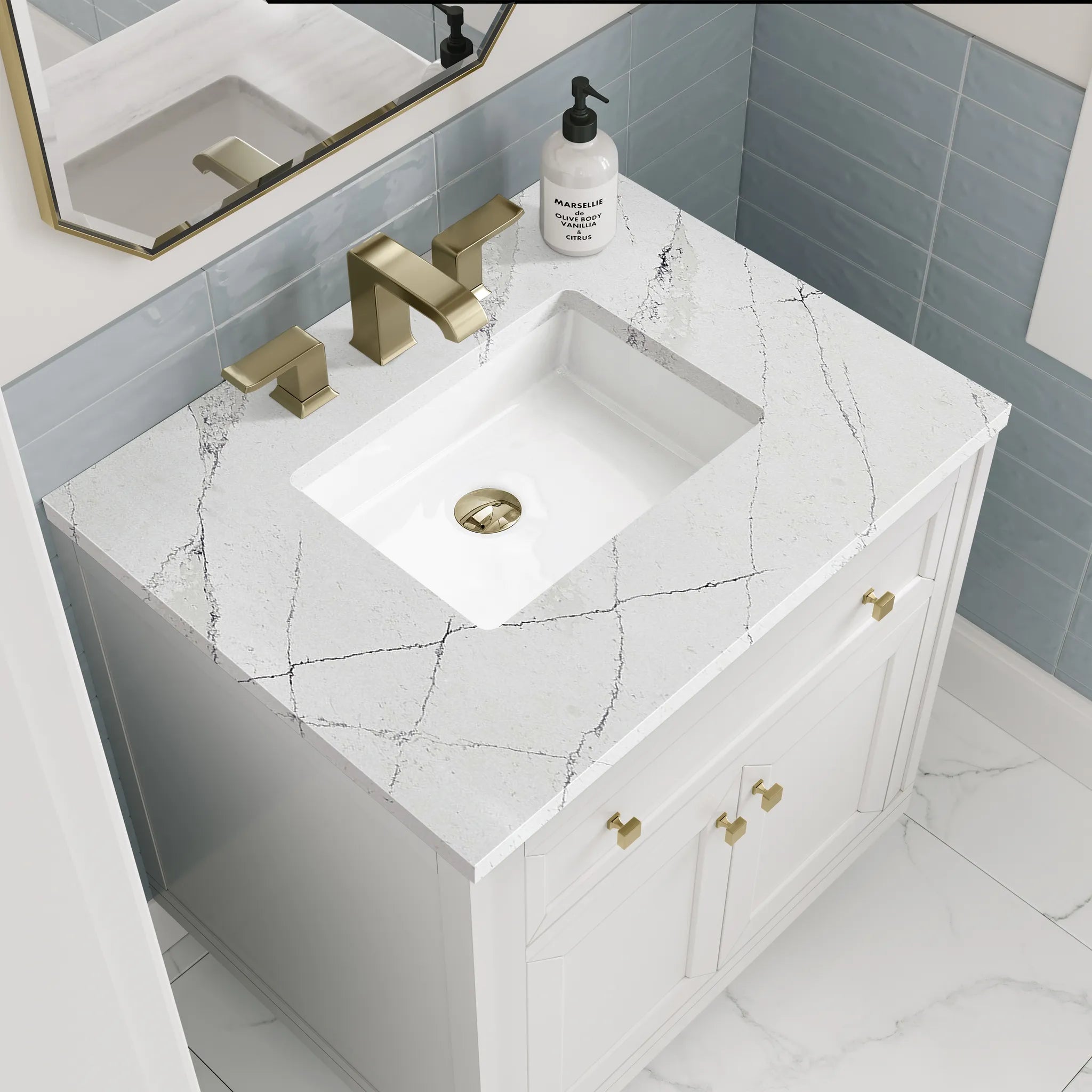30" Chicago Single Vanity in Glossy White-Ethereal Noctis Silestone-8" Widespread image 7