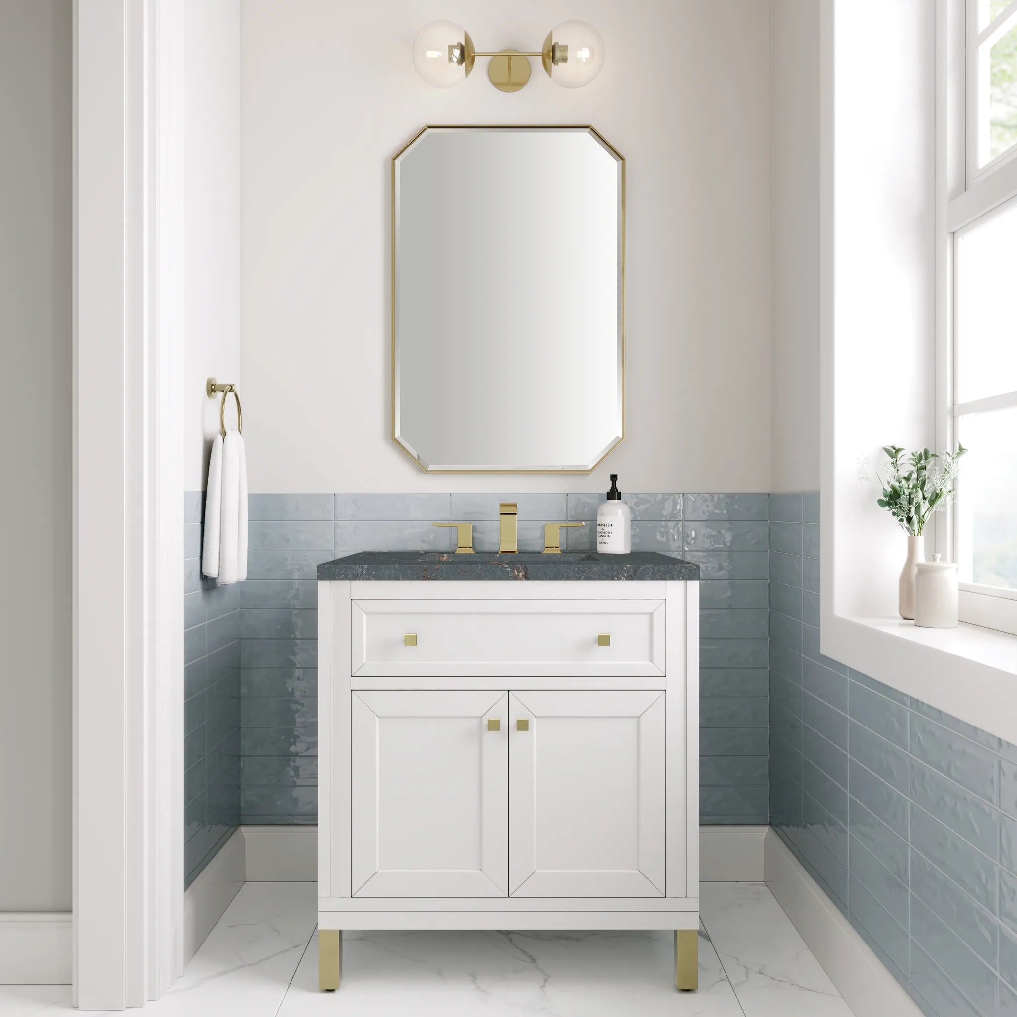 30" Chicago Single Vanity in Glossy White-Parisien Bleu Silestone-8" Widespread image 3