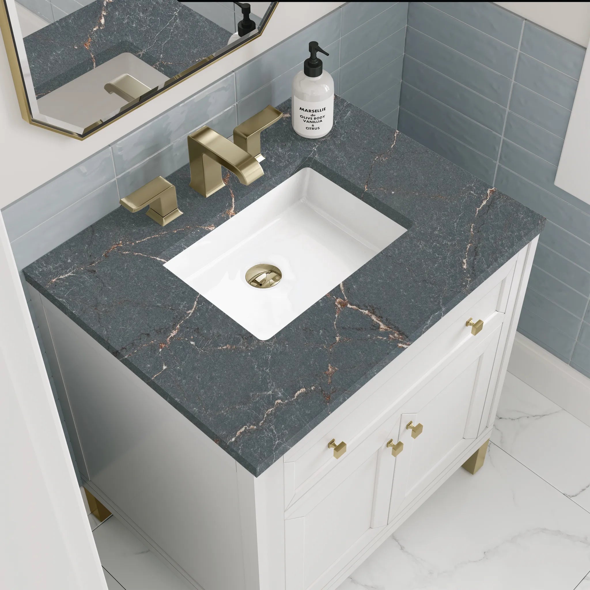 30" Chicago Single Vanity in Glossy White-Parisien Bleu Silestone-8" Widespread image 6