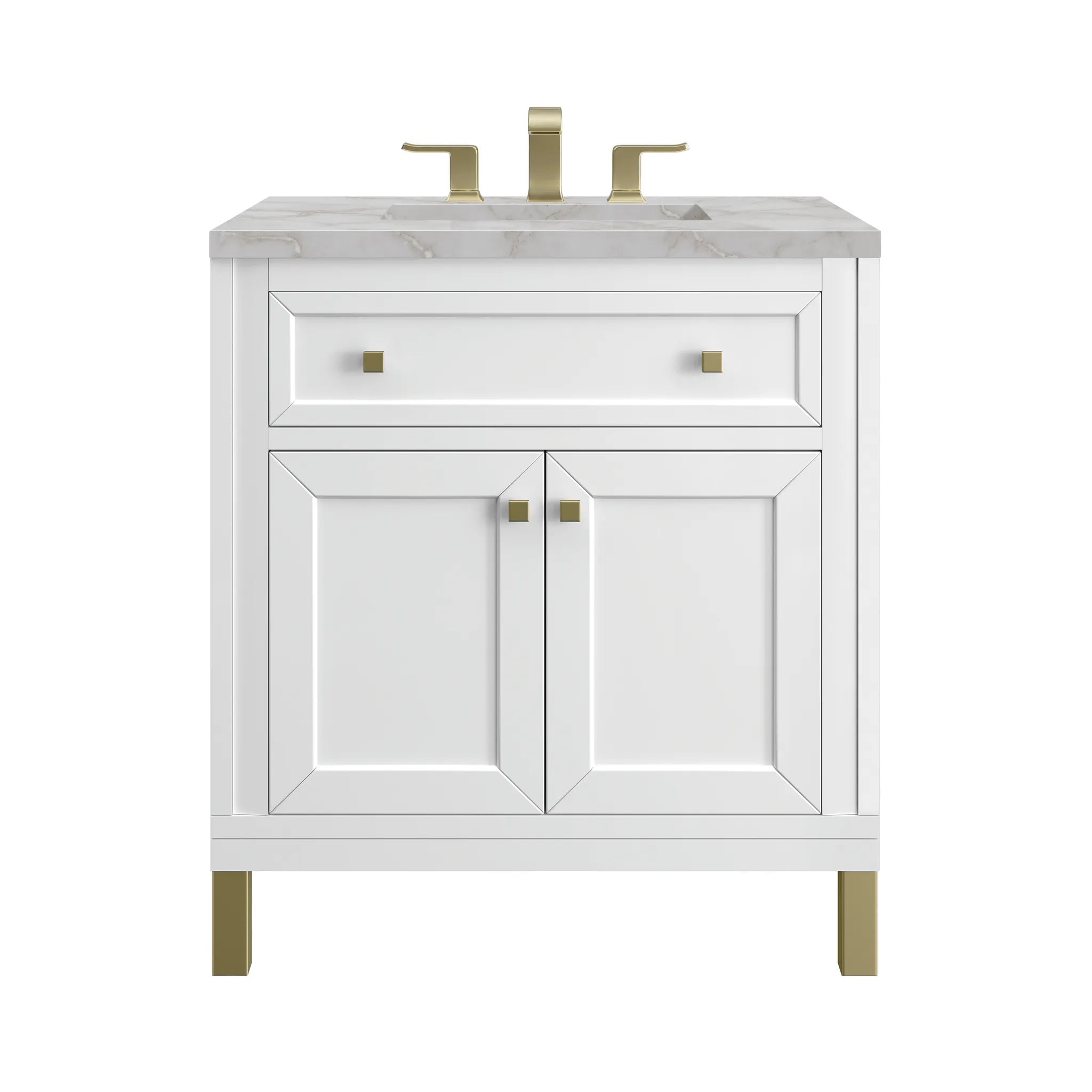 30" Chicago Single Vanity in Glossy White-Victorian Silver Silestone-8" Widespread image