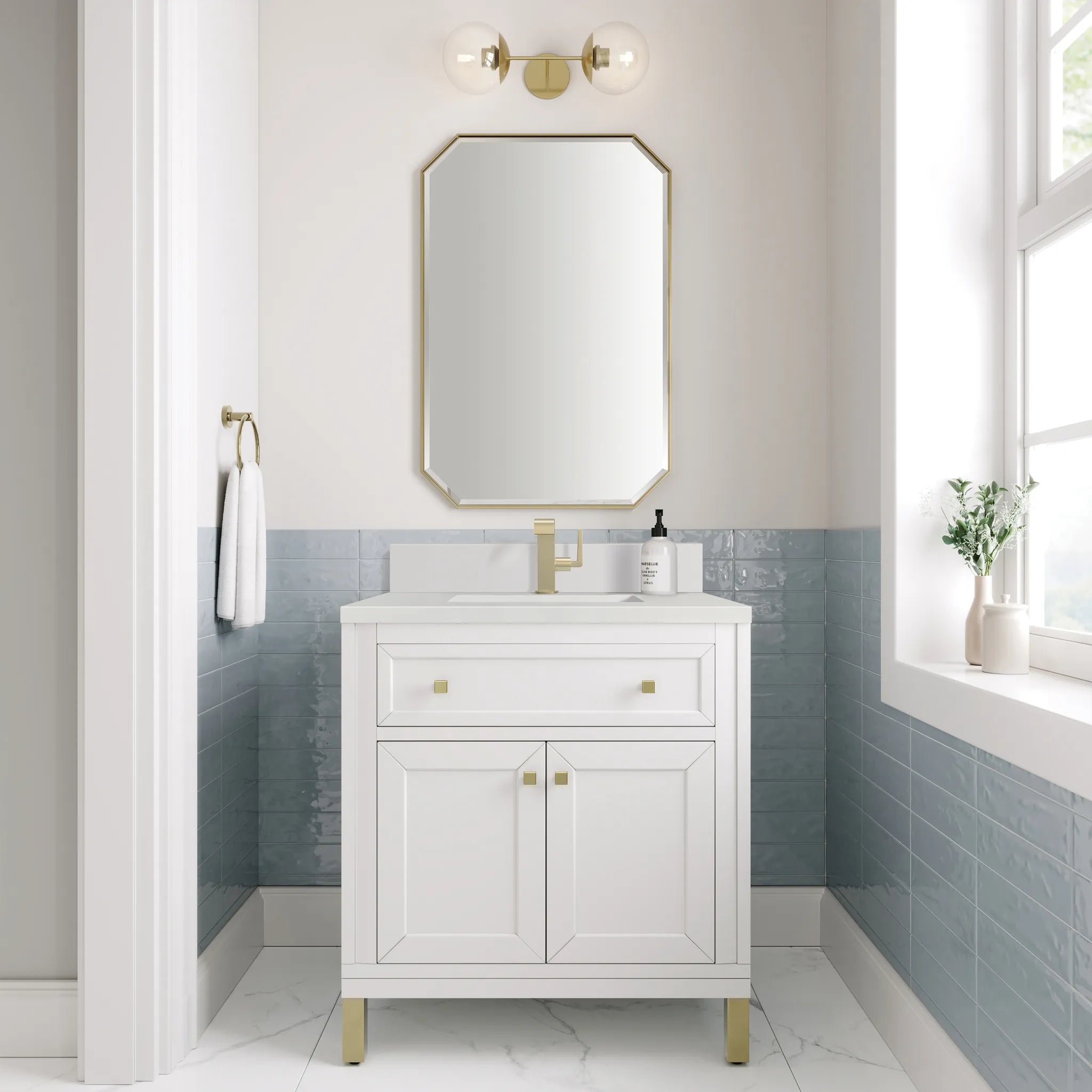 30" Chicago Single Vanity in Glossy White-White Zeus Silestone & Backsplash-Single Hole image 3