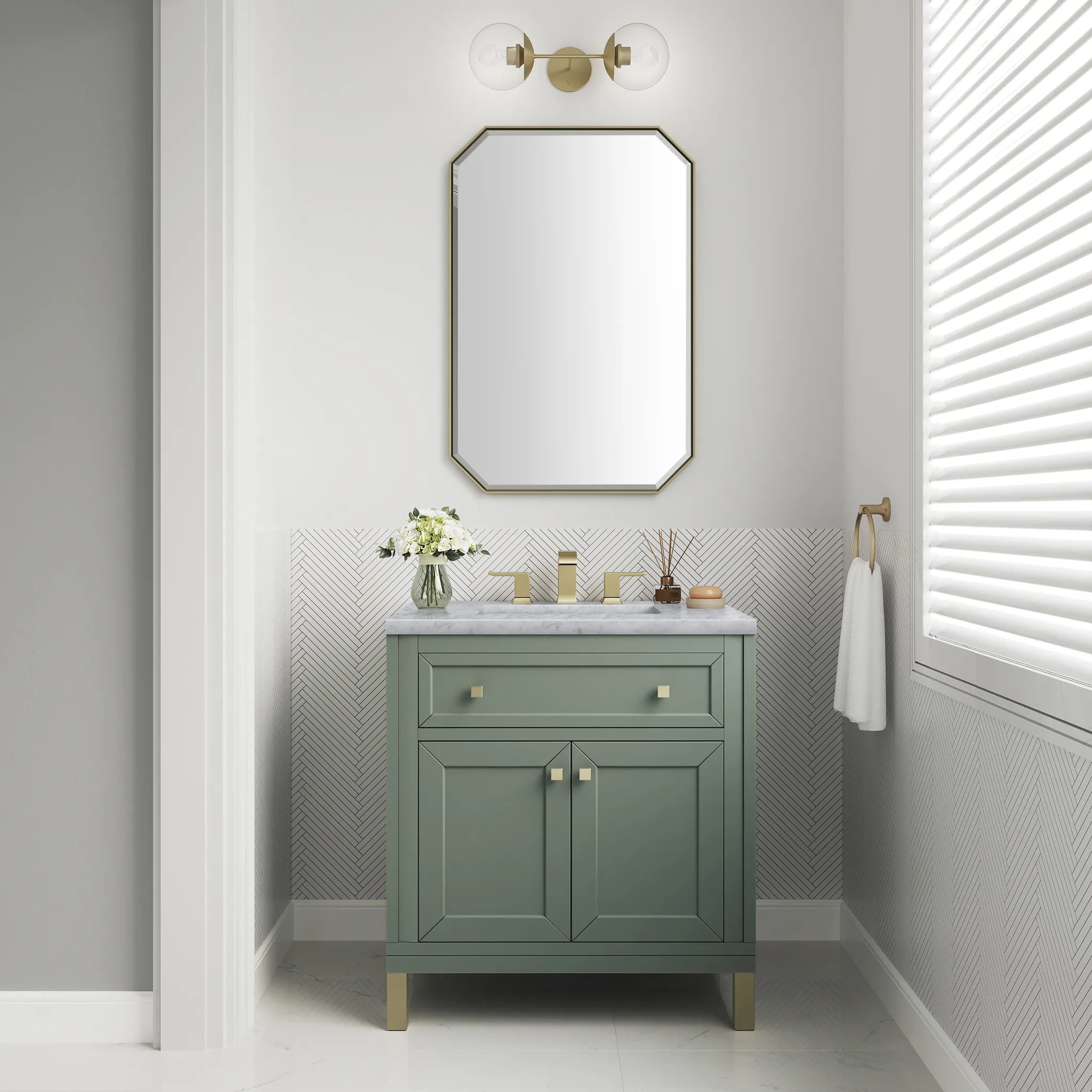30" Chicago Single Vanity in Smokey Celadon-Carrara White Marble-8" Widespread image 4