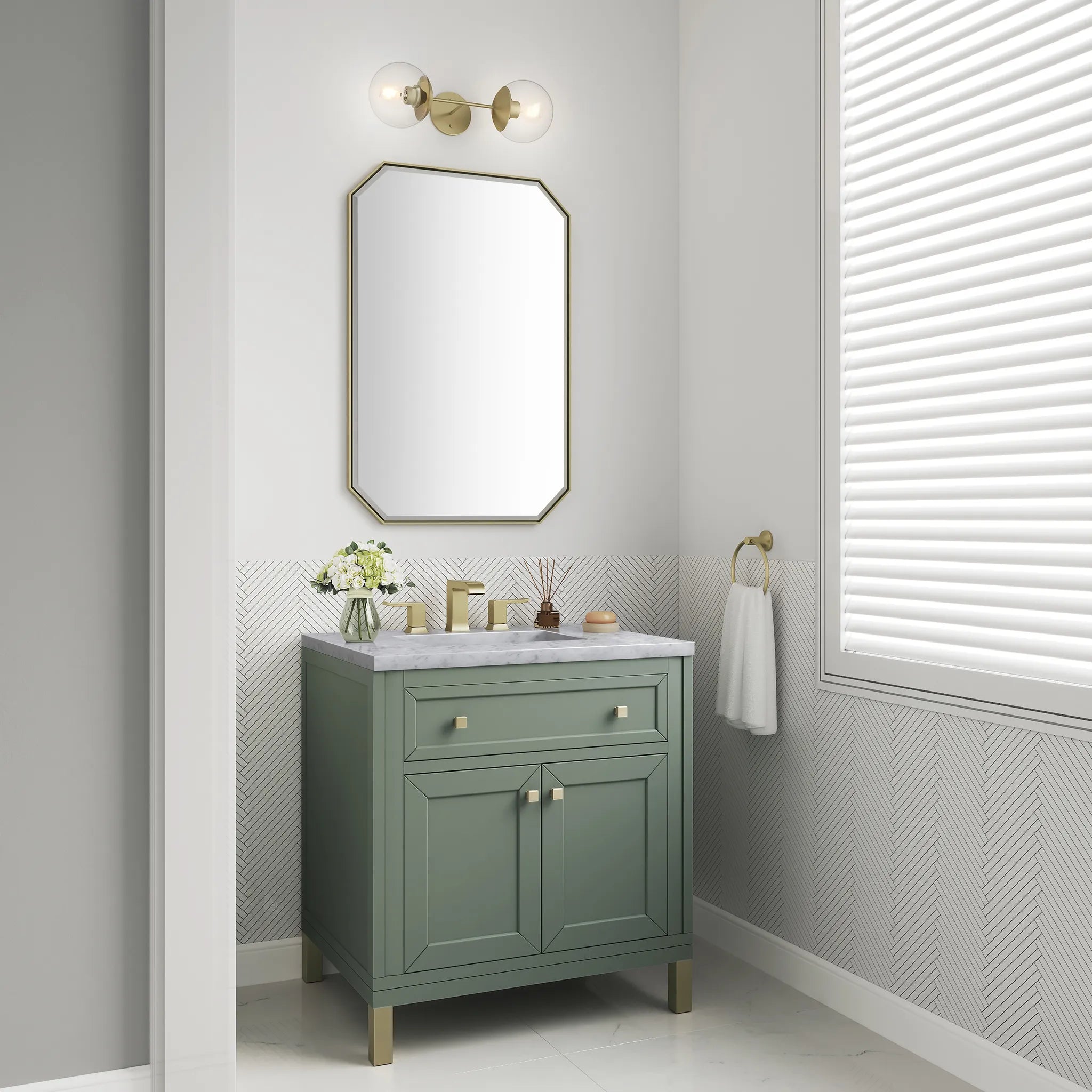30" Chicago Single Vanity in Smokey Celadon-Carrara White Marble-8" Widespread image 5