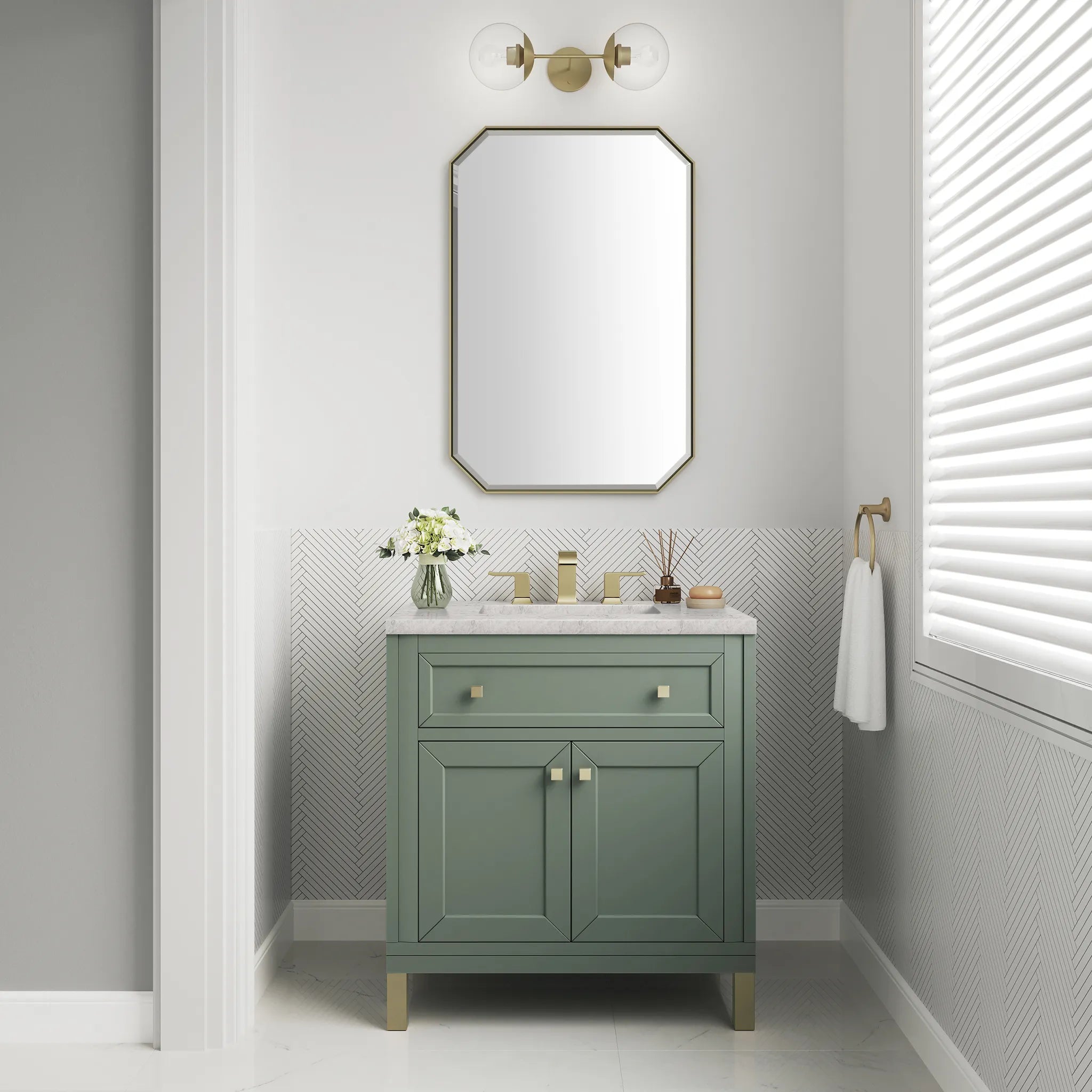 30" Chicago Single Vanity in Smokey Celadon-Eternal Jasmine Pearl Silestone-8" Widespread image 4
