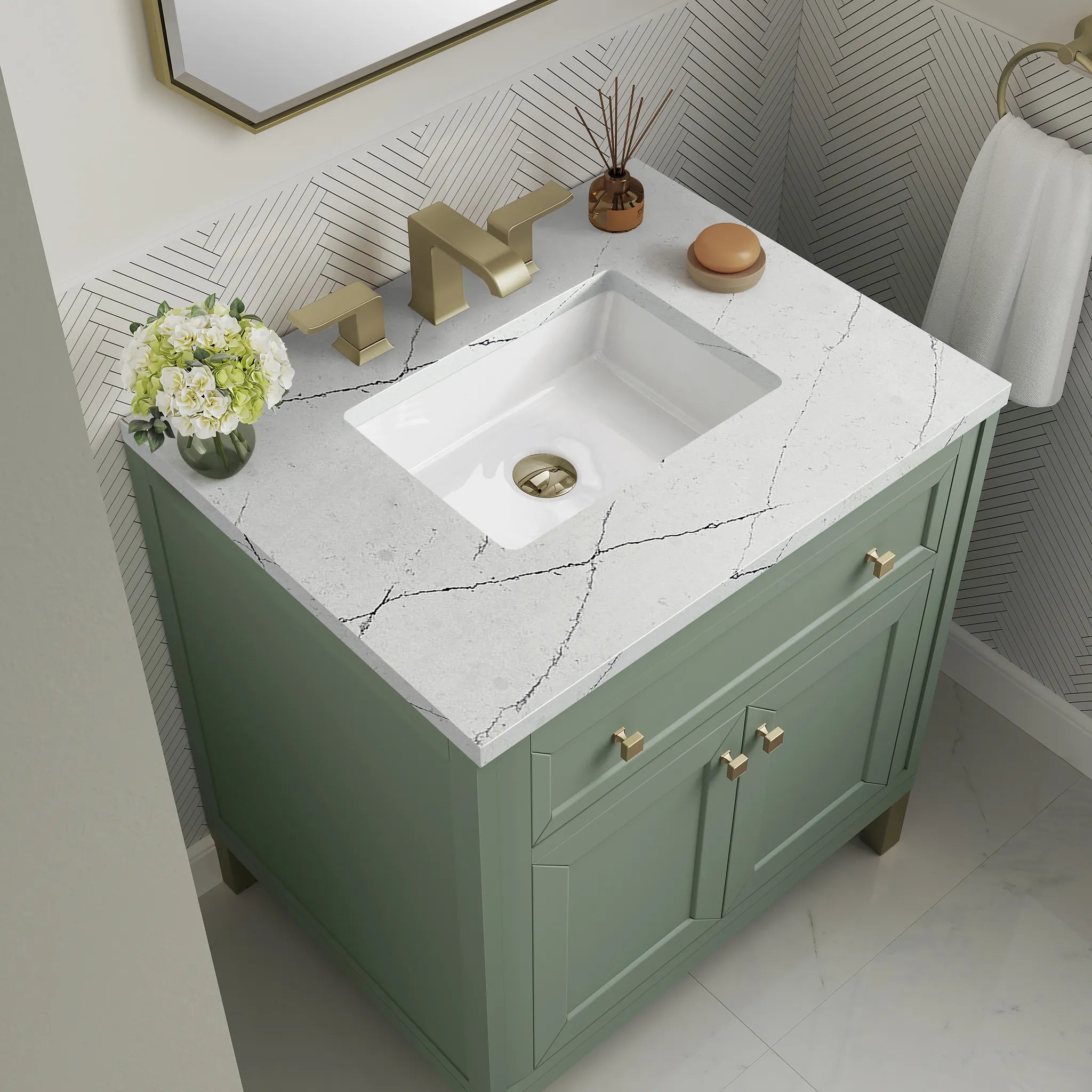 30" Chicago Single Vanity in Smokey Celadon-Ethereal Noctis Silestone-8" Widespread image 8