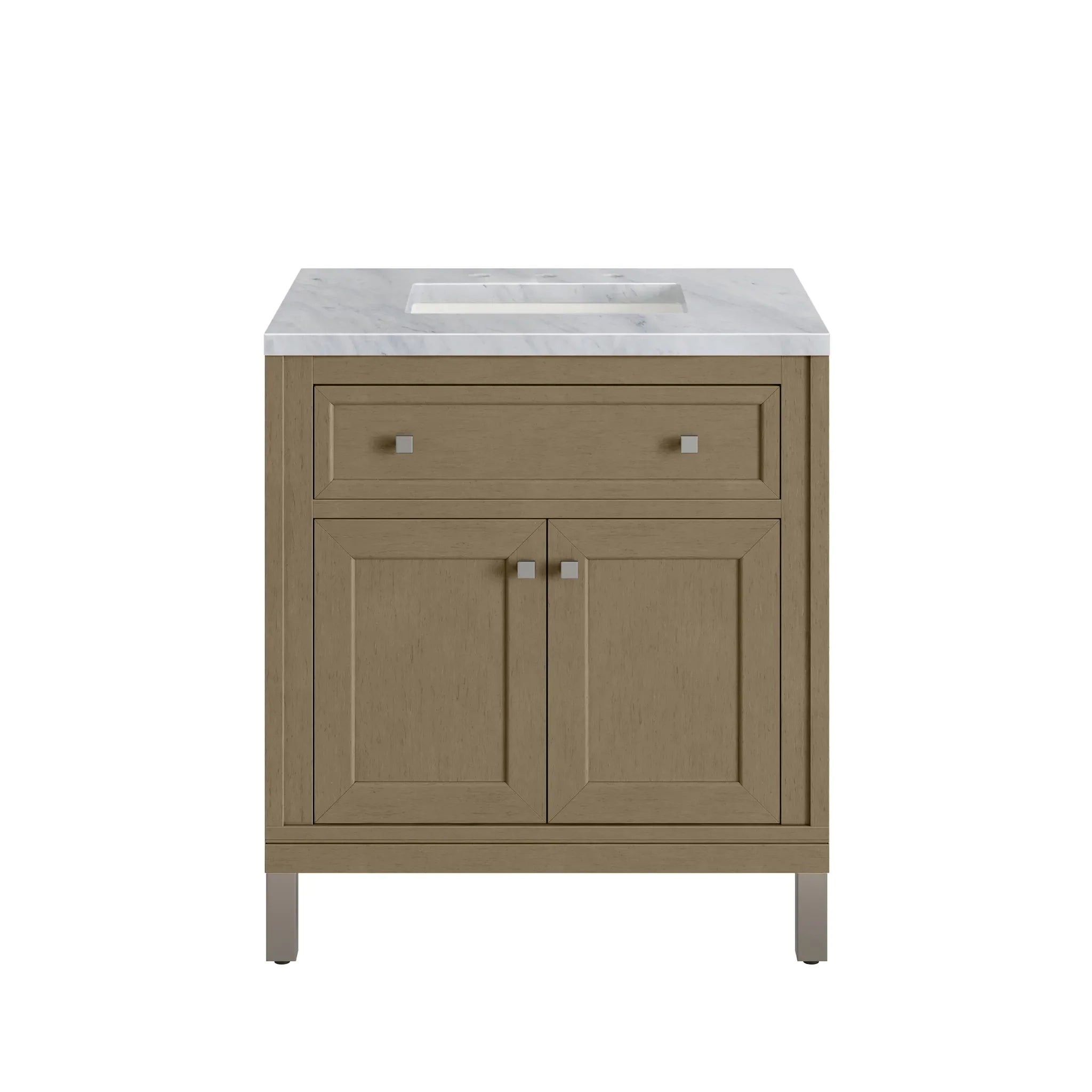 30" Chicago Single Vanity in Walnut Whisper-Carrara White Marble-8" Widespread image 1