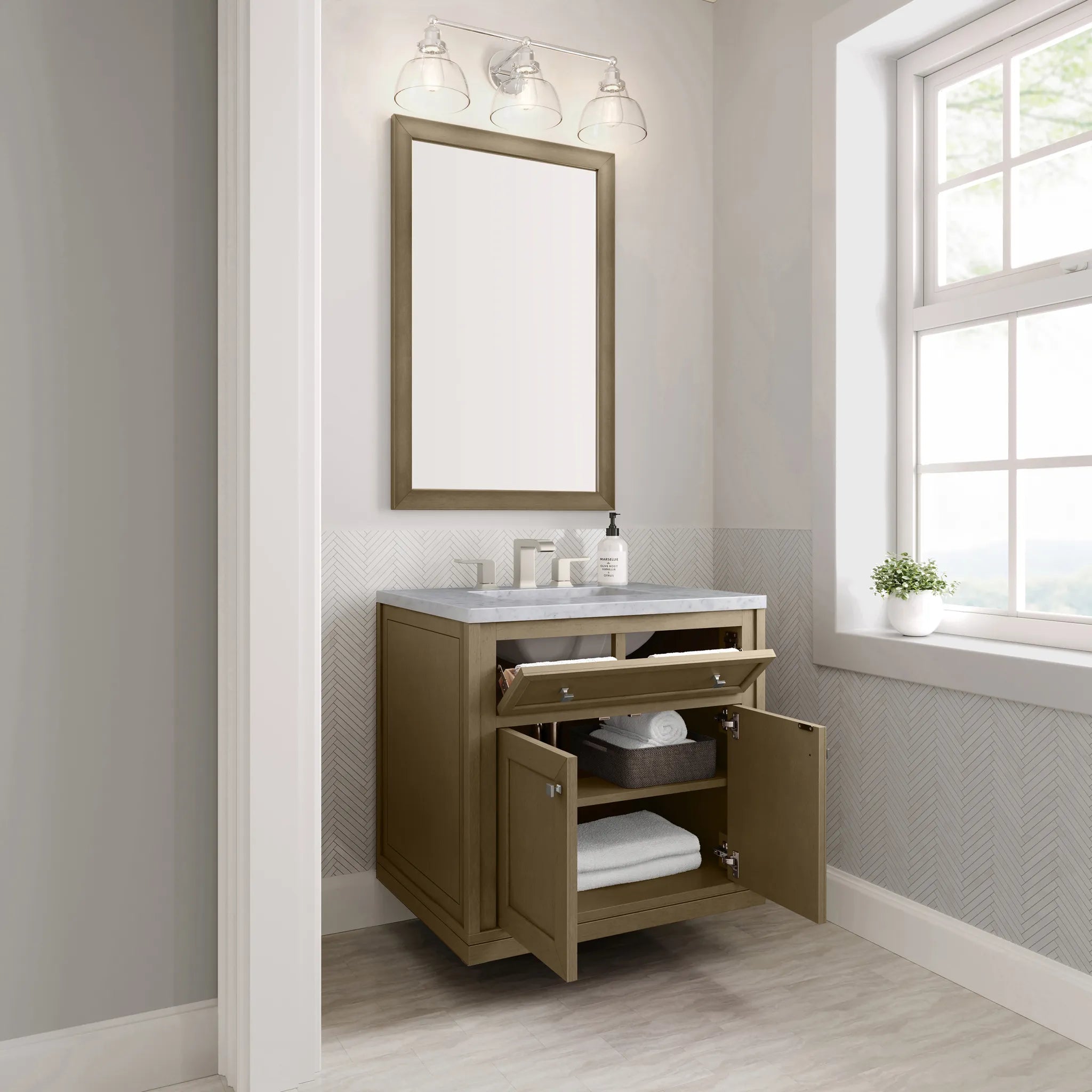 30" Chicago Single Vanity in Walnut Whisper-Carrara White Marble-8" Widespread image 11