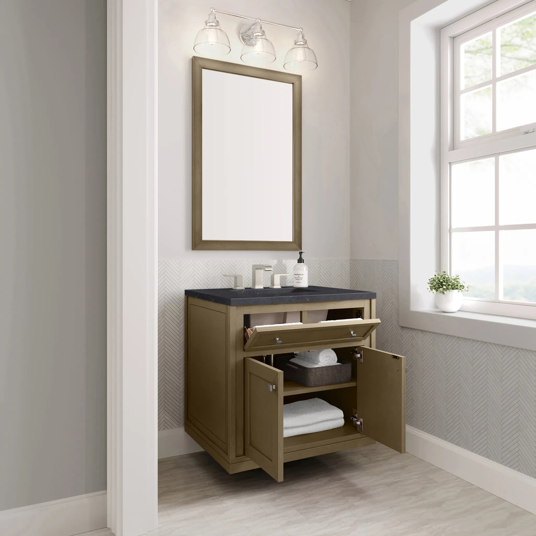30" Chicago Single Vanity in Walnut Whisper-Charcoal Soapstone Silestone-8" Widespread image 11