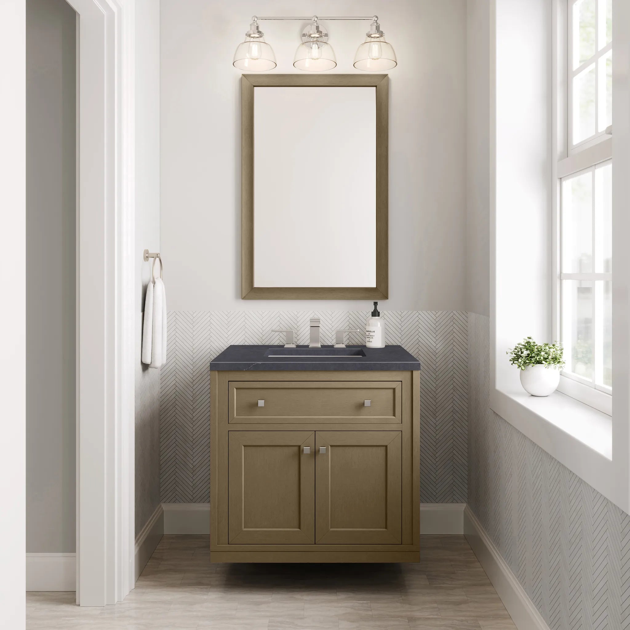 30" Chicago Single Vanity in Walnut Whisper-Charcoal Soapstone Silestone-8" Widespread image 7