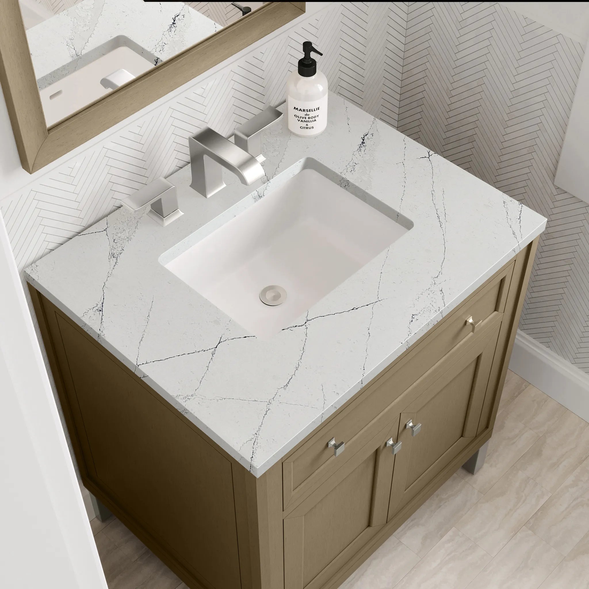 30" Chicago Single Vanity in Walnut Whisper-Ethereal Noctis Silestone-8" Widespread image 13