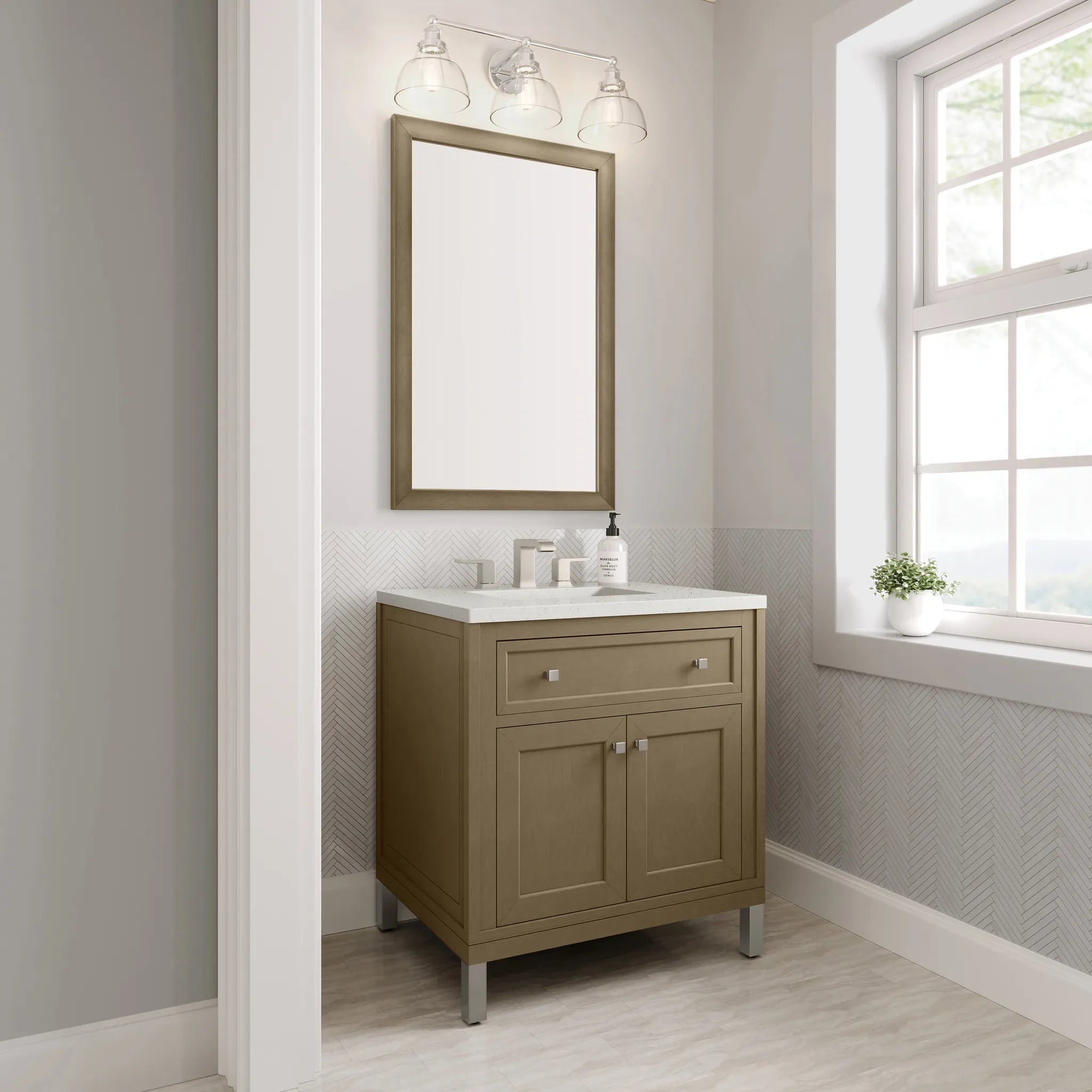 30" Chicago Single Vanity in Walnut Whisper-Lime Delight Silestone-8" Widespread image 6
