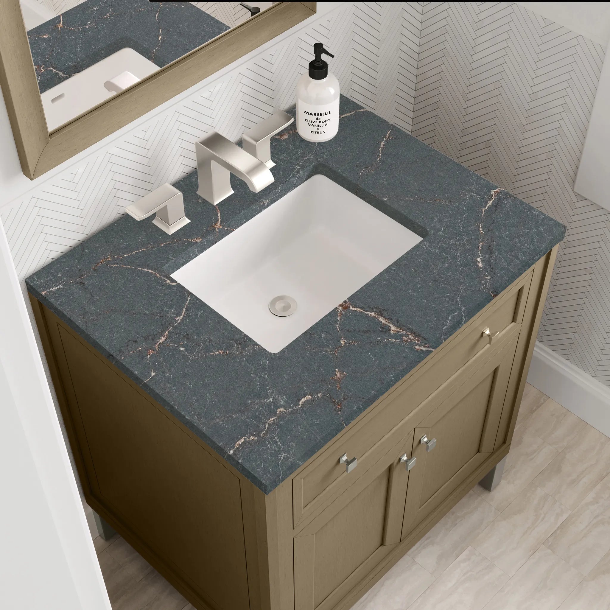 30" Chicago Single Vanity in Walnut Whisper-Parisien Bleu Silestone-8" Widespread image 11