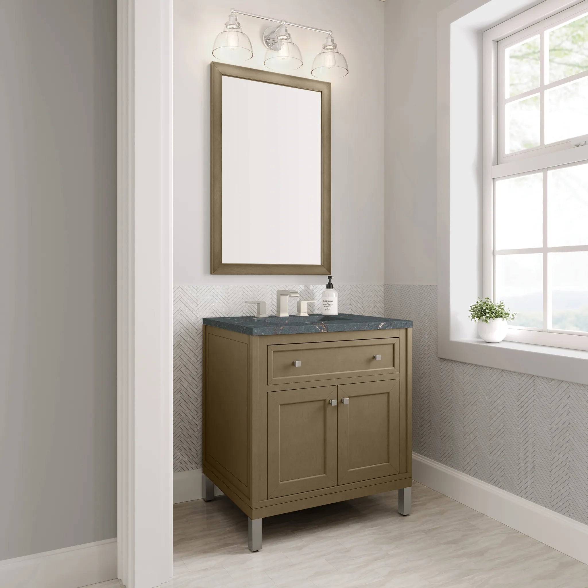 30" Chicago Single Vanity in Walnut Whisper-Parisien Bleu Silestone-8" Widespread image 6