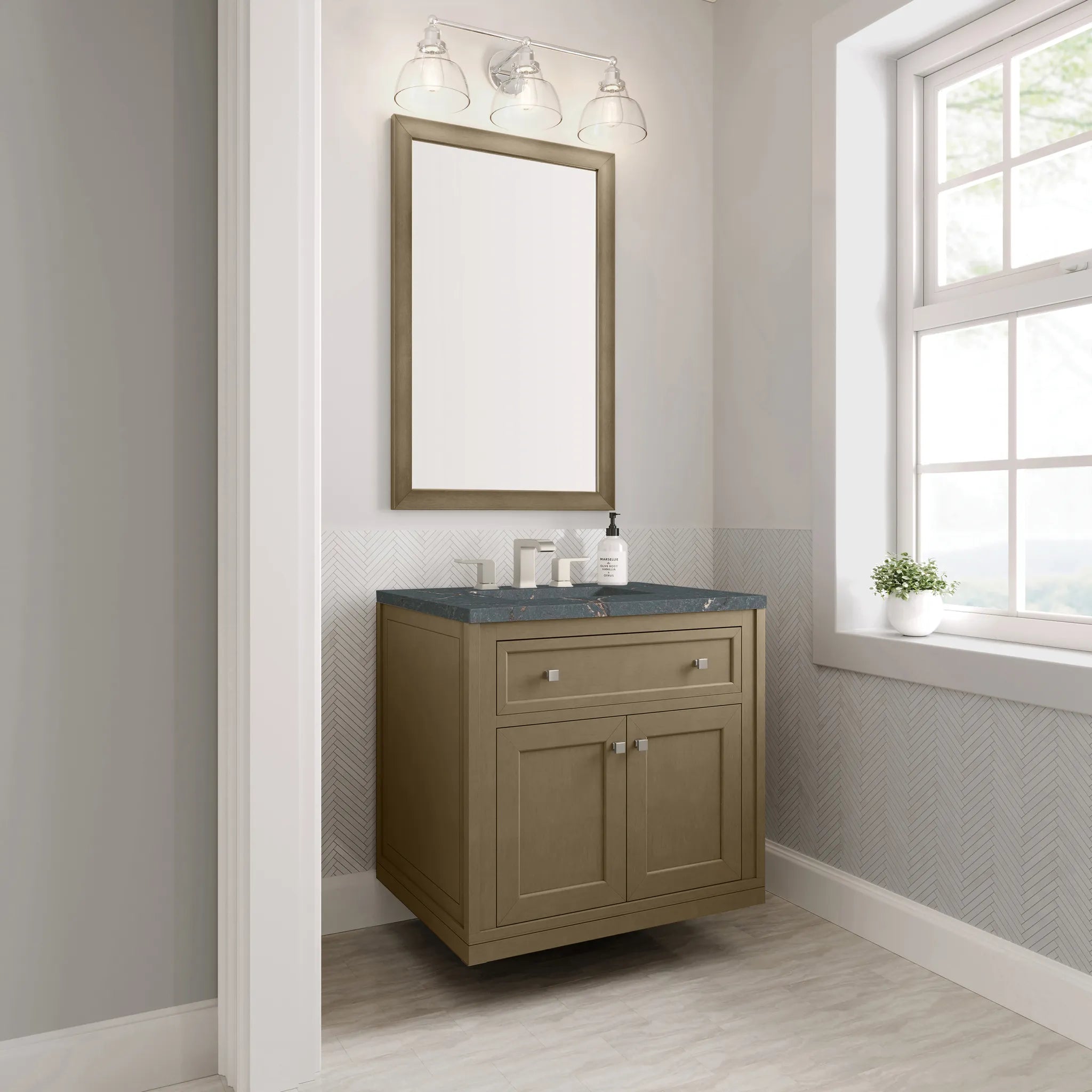30" Chicago Single Vanity in Walnut Whisper-Parisien Bleu Silestone-8" Widespread image 7