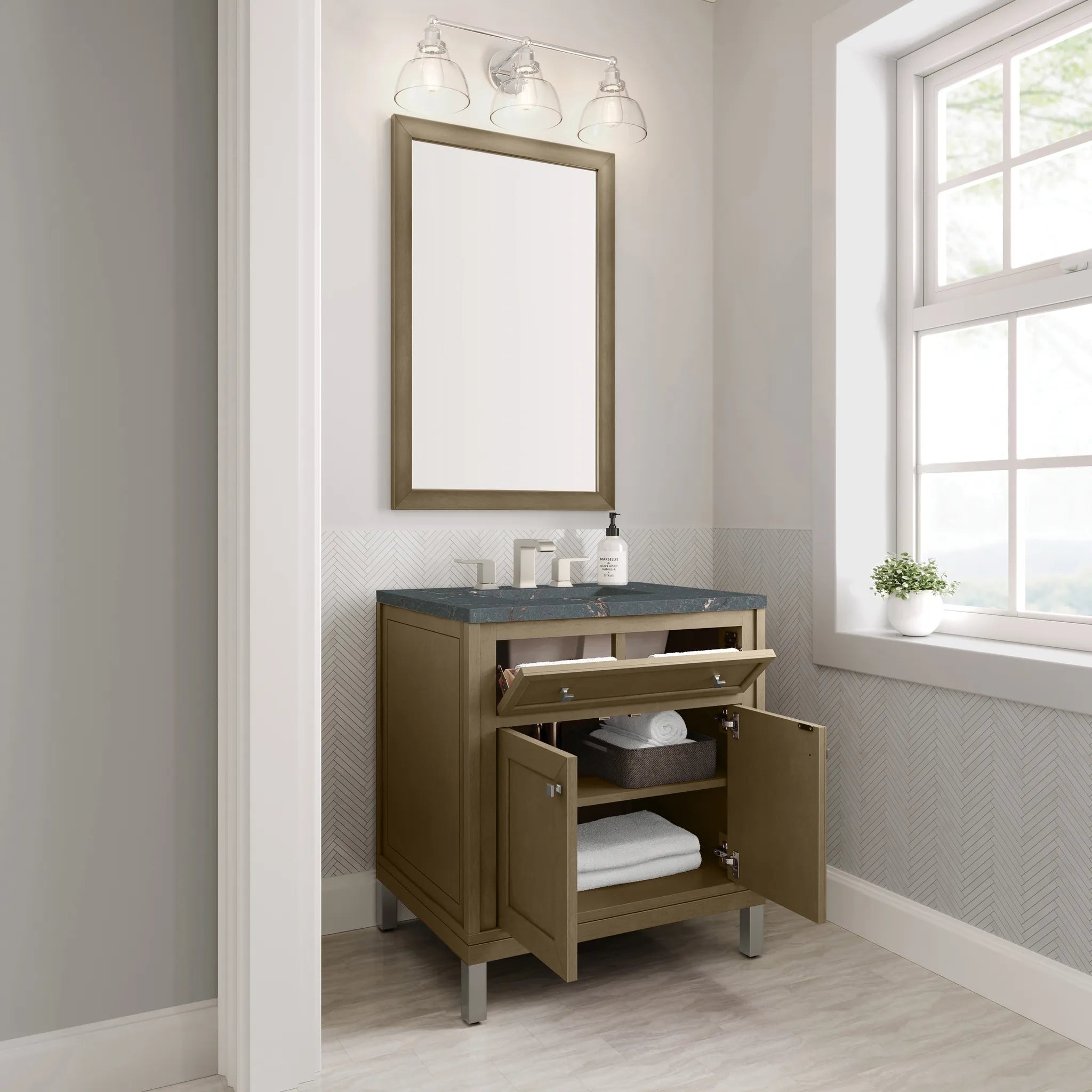 30" Chicago Single Vanity in Walnut Whisper-Parisien Bleu Silestone-8" Widespread image 8