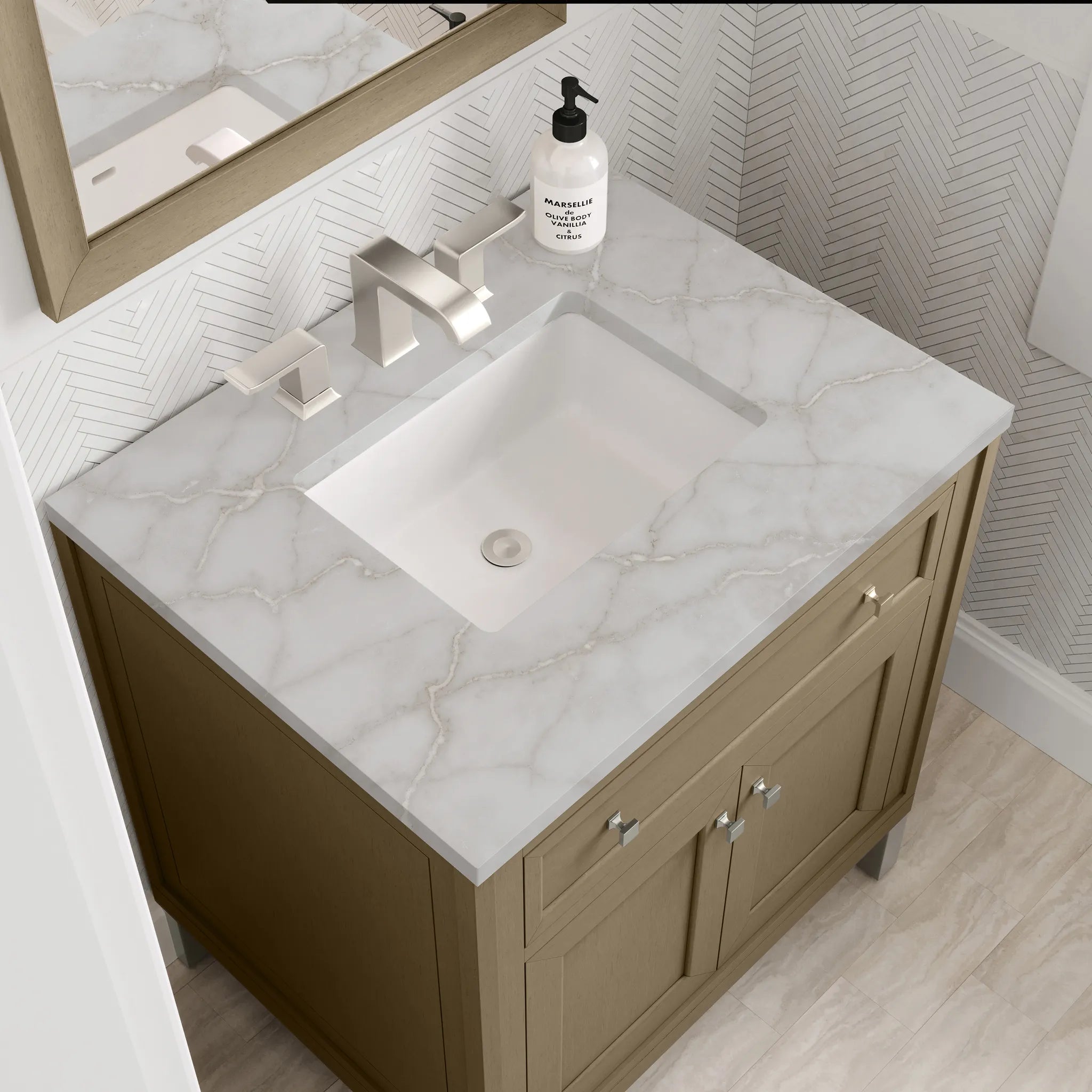 30" Chicago Single Vanity in Walnut Whisper-Victorian Silver Silestone-8" Widespread image 10