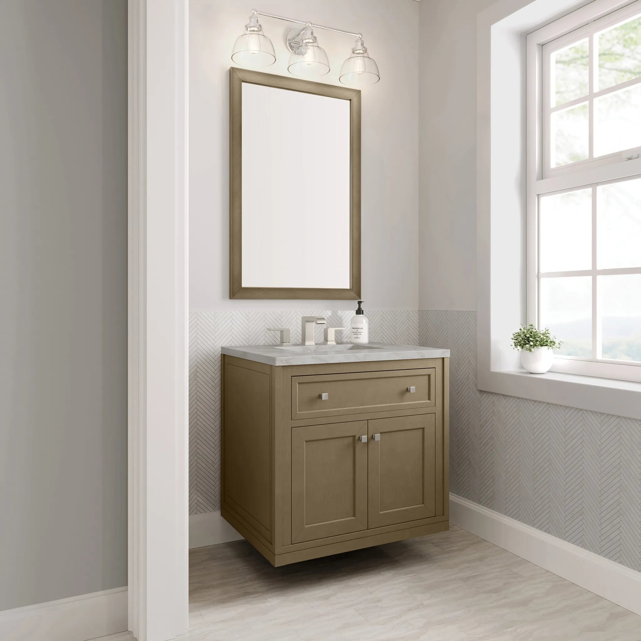 30" Chicago Single Vanity in Walnut Whisper-Victorian Silver Silestone-8" Widespread image 6