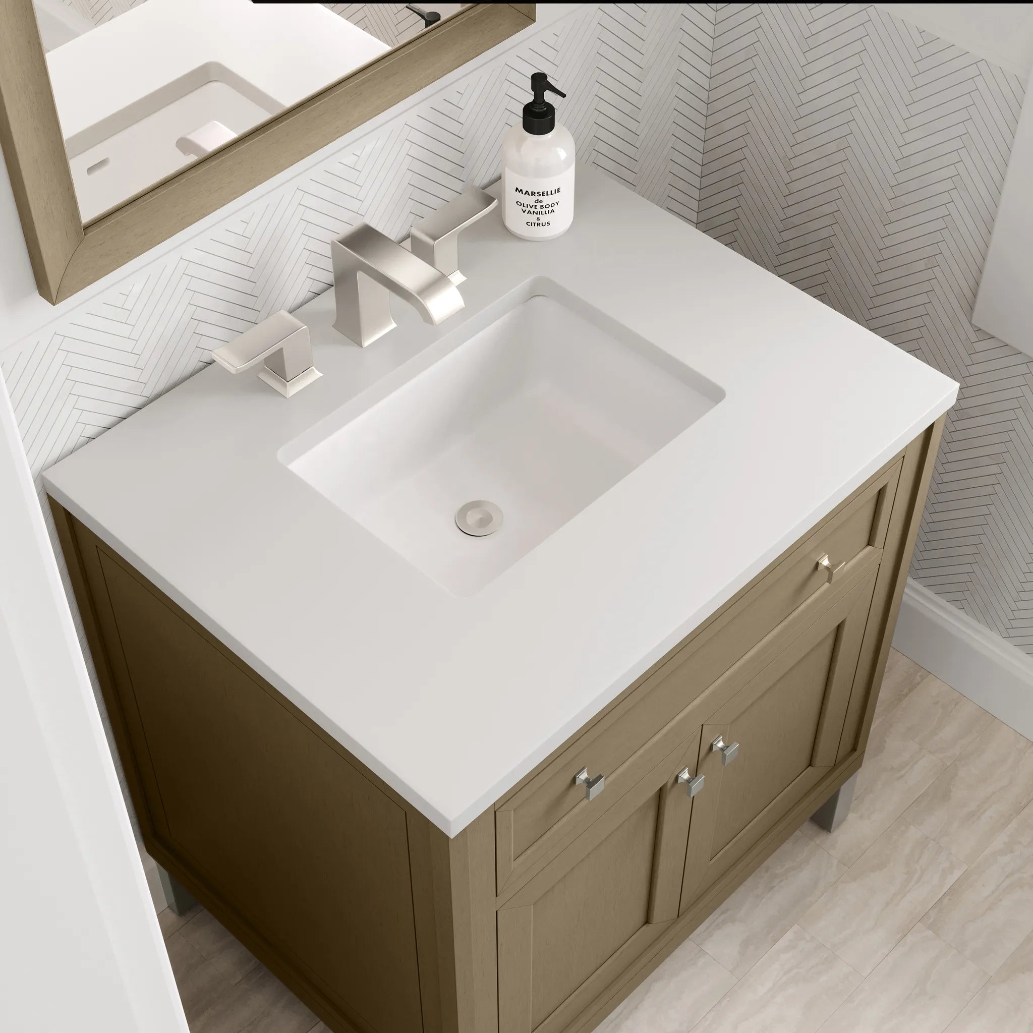 30" Chicago Single Vanity in Walnut Whisper-White Zeus Silestone-8" Widespread image 13