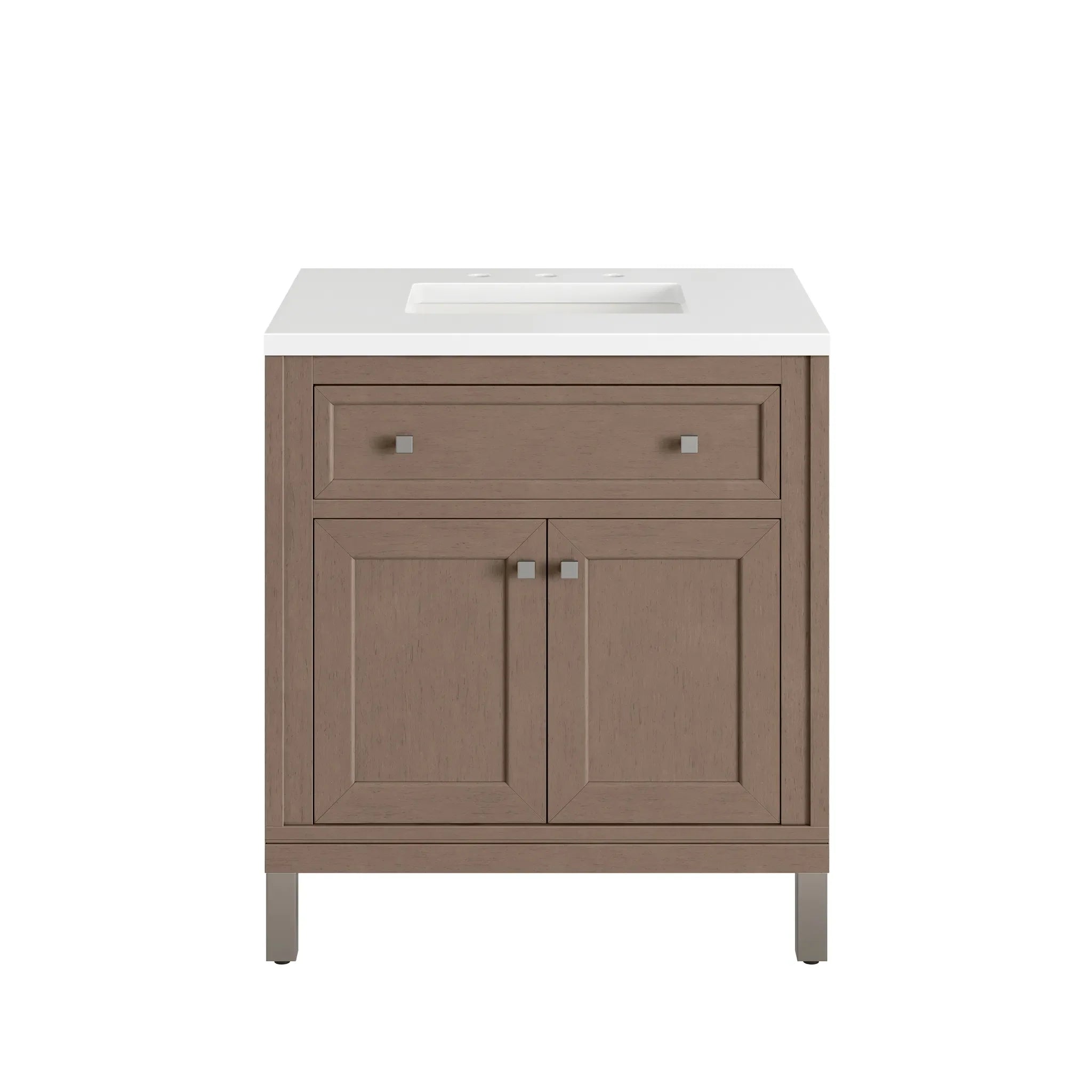 30" Chicago Single Vanity in Walnut Whisper-White Zeus Silestone-8" Widespread image 3