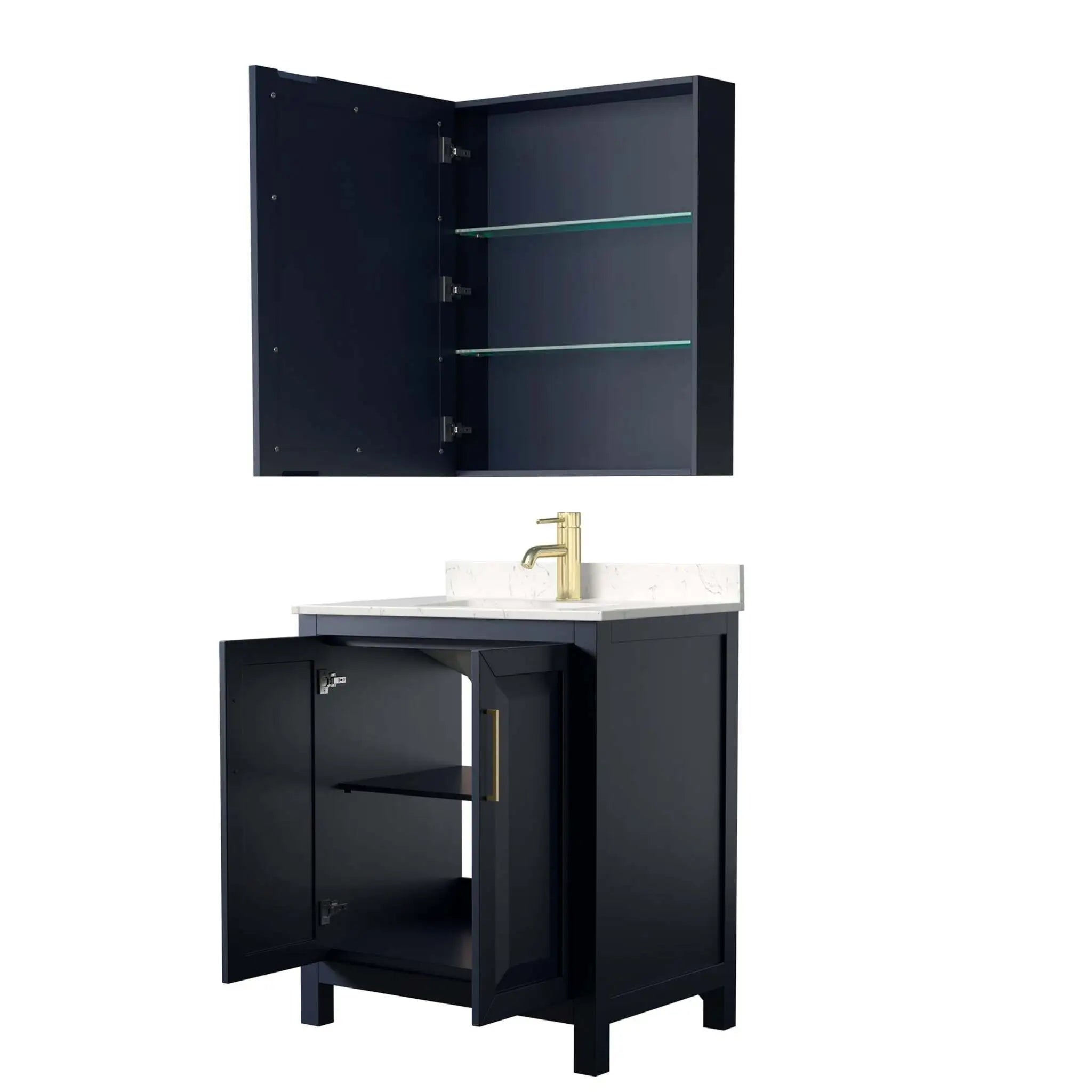 30" Daria Single Bathroom Vanity in Dark Blue with Brushed Gold Trim & Medicine Cabinet by Wyndham