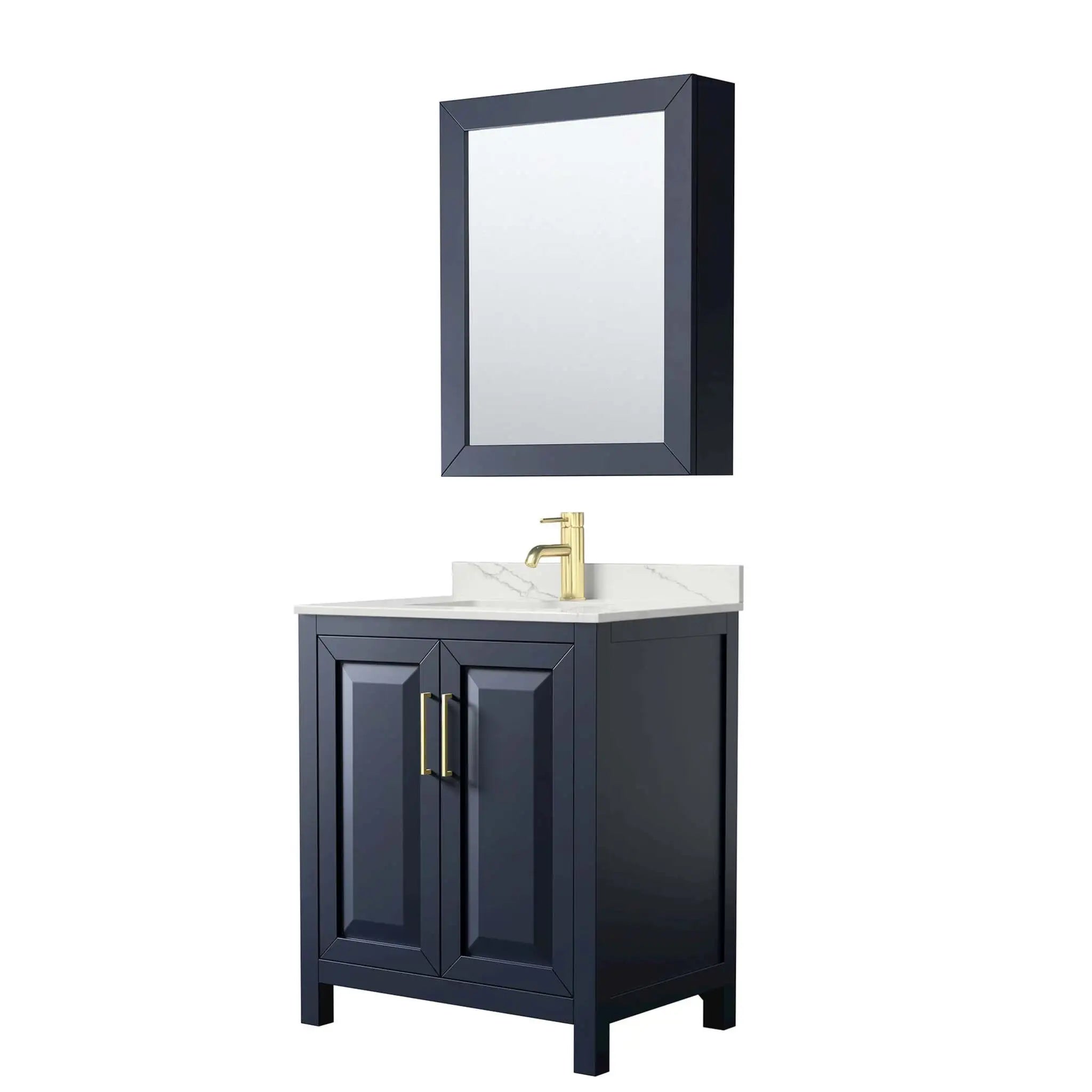 30" Daria Single Bathroom Vanity in Dark Blue with Brushed Gold Trim & Medicine Cabinet by Wyndham