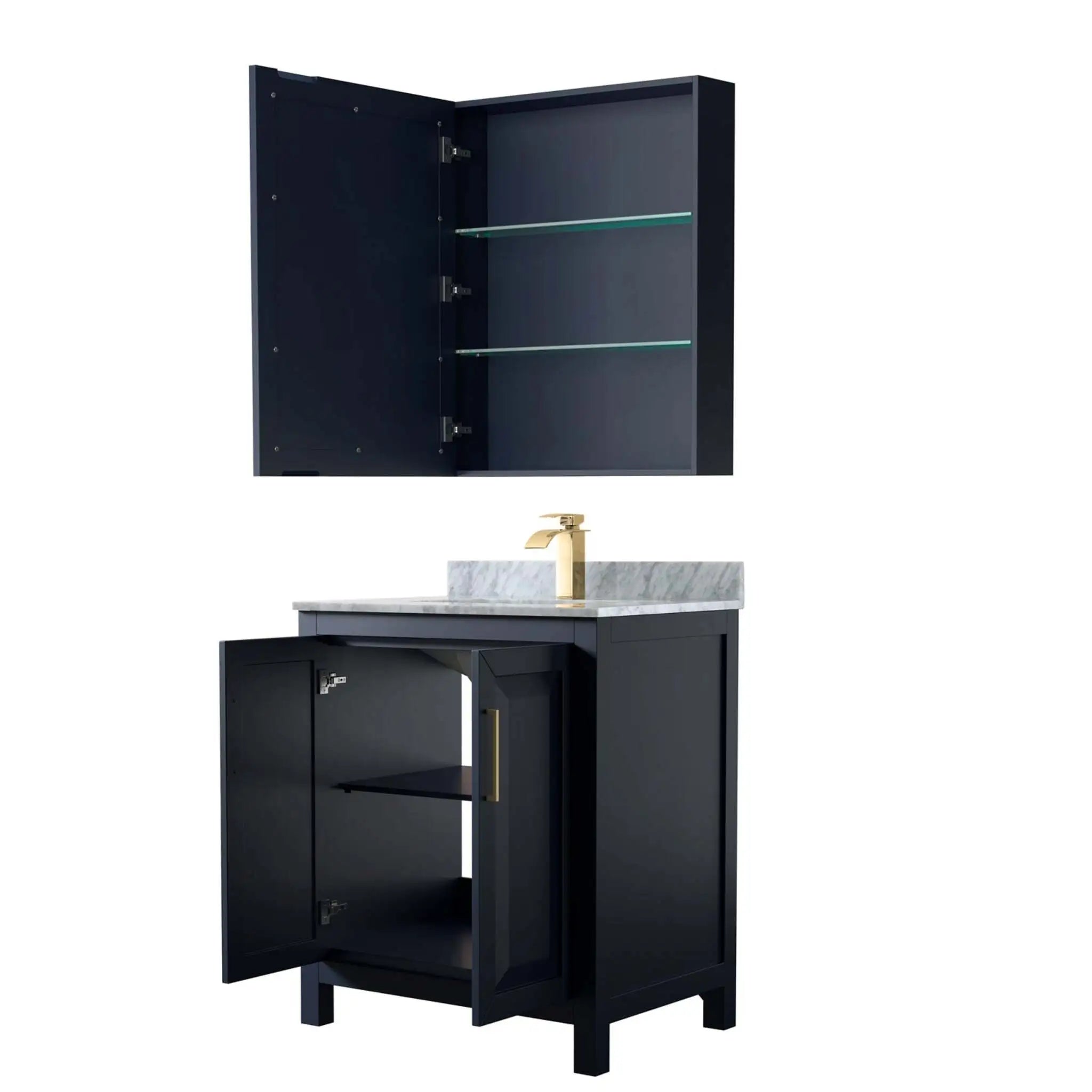 30" Daria Single Bathroom Vanity in Dark Blue with Brushed Gold Trim & Medicine Cabinet by Wyndham