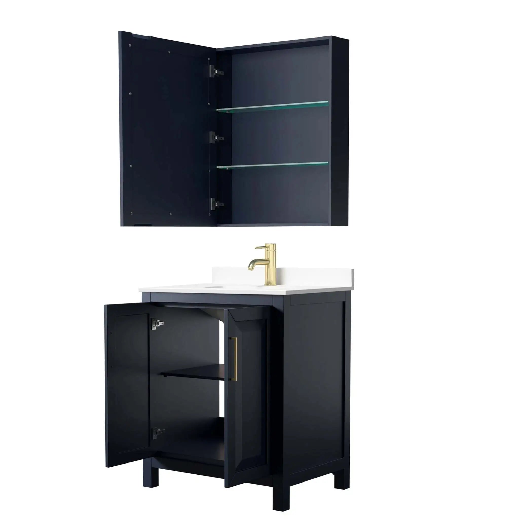 30" Daria Single Bathroom Vanity in Dark Blue with Brushed Gold Trim & Medicine Cabinet by Wyndham