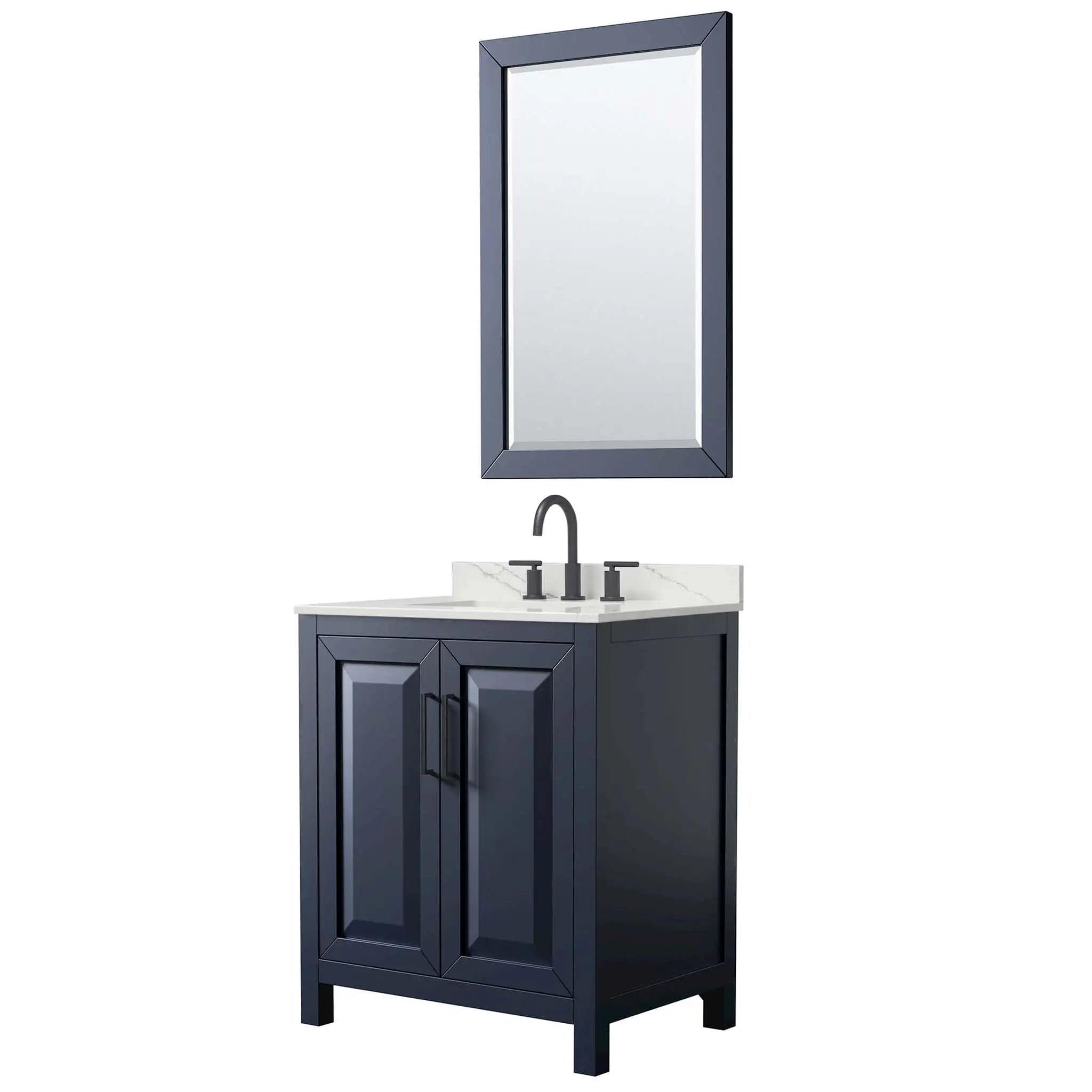 30" Daria Single Bathroom Vanity in Dark Blue with Matte Black Trim & 24" Mirror by Wyndham
