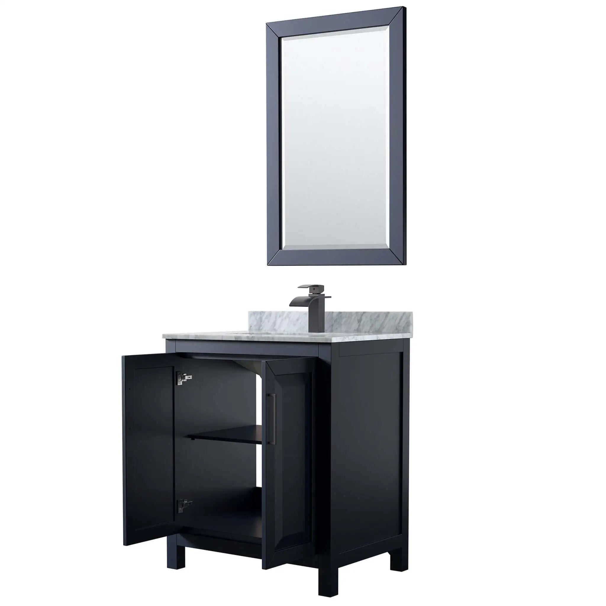 30" Daria Single Bathroom Vanity in Dark Blue with Matte Black Trim & 24" Mirror by Wyndham