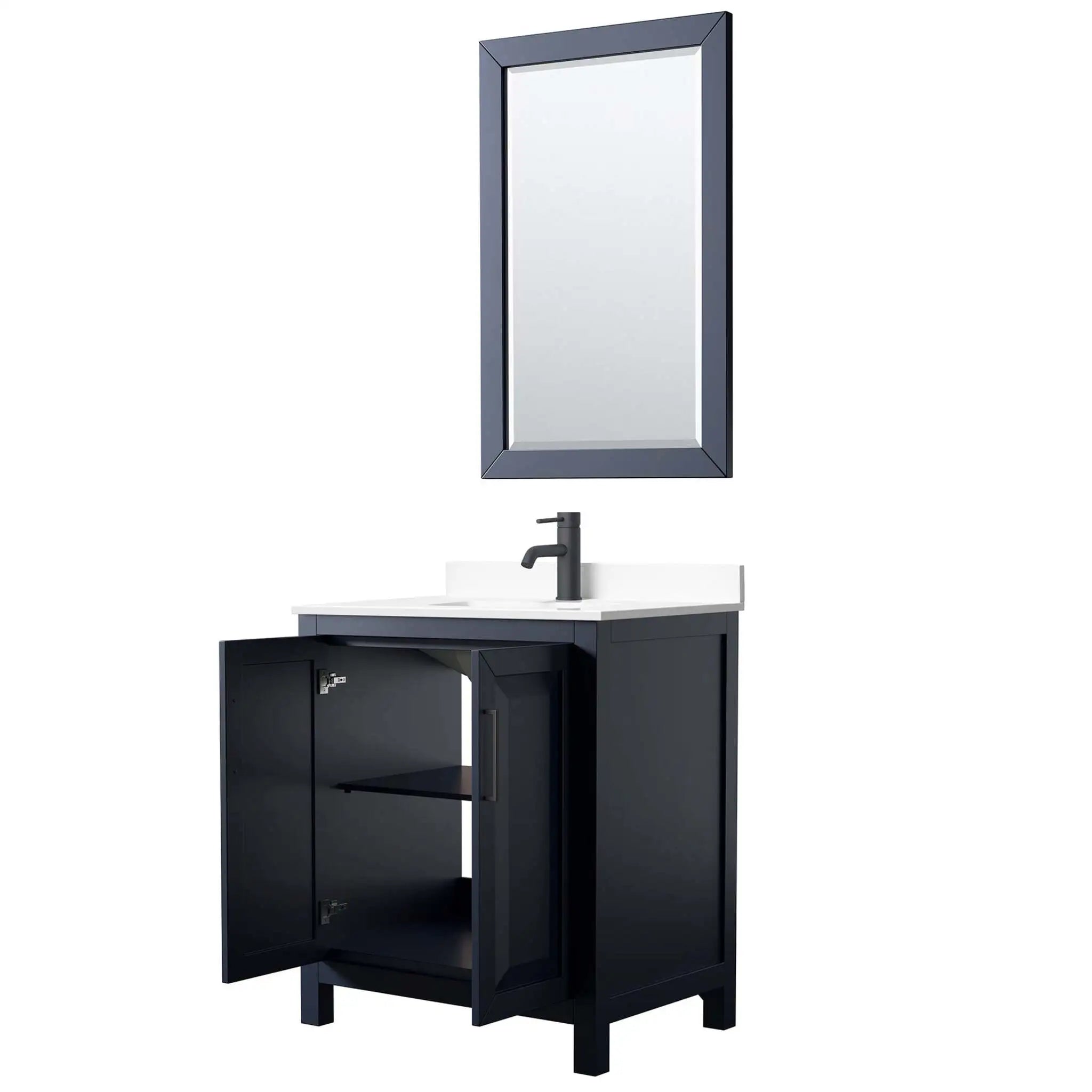 30" Daria Single Bathroom Vanity in Dark Blue with Matte Black Trim & 24" Mirror by Wyndham